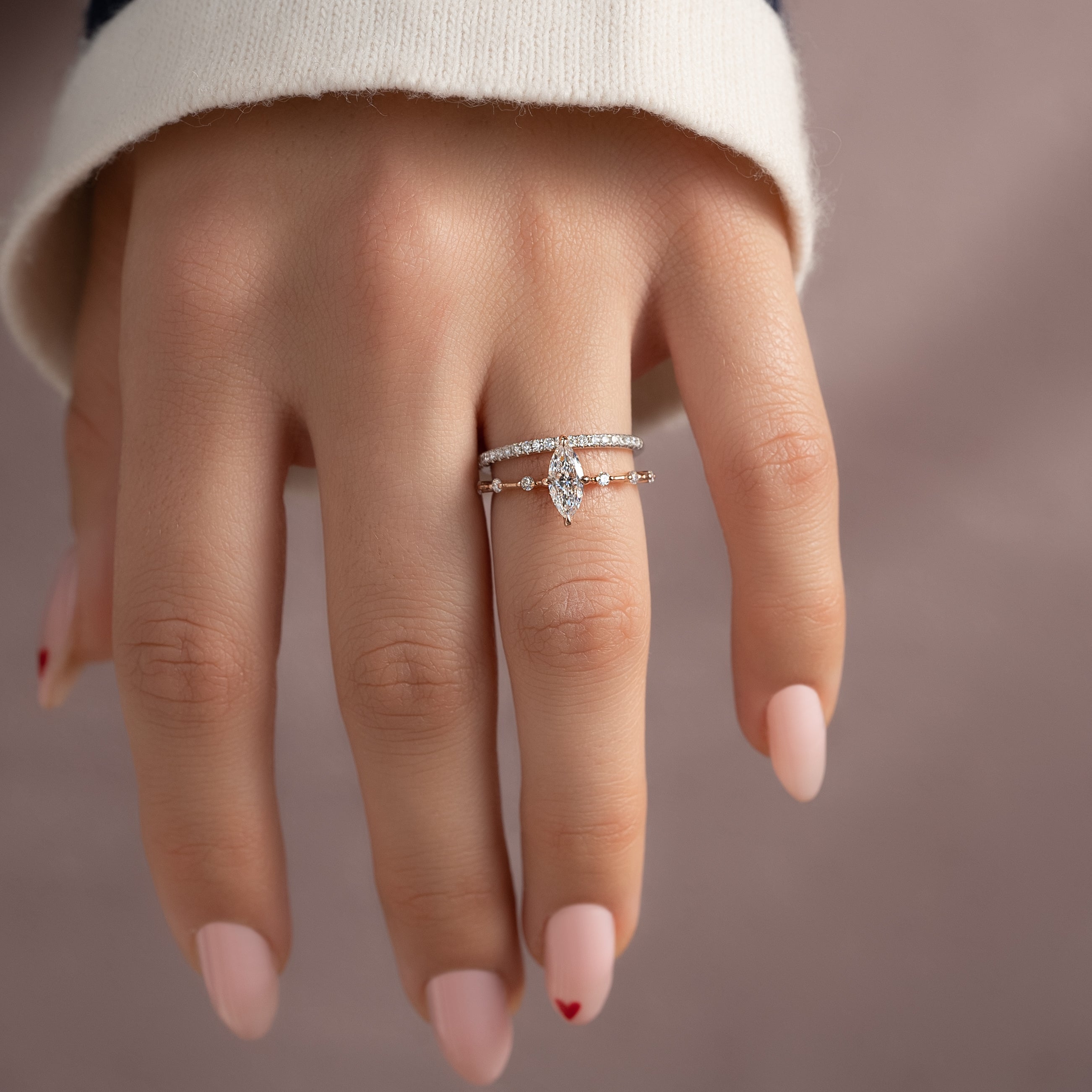 Marquise cut CVD diamond dainty engagement ring in white gold setting