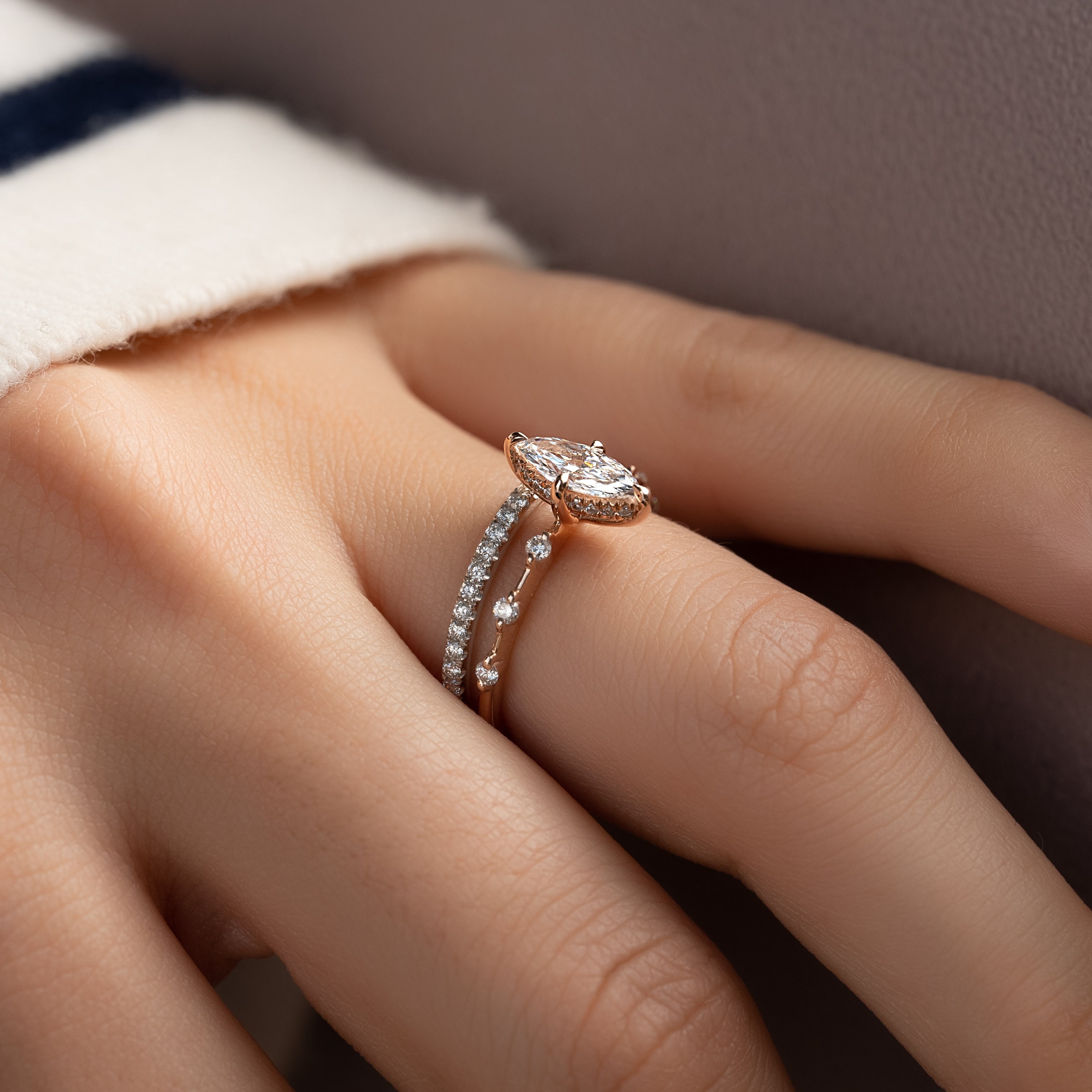 Marquise cut CVD diamond dainty engagement ring in white gold setting