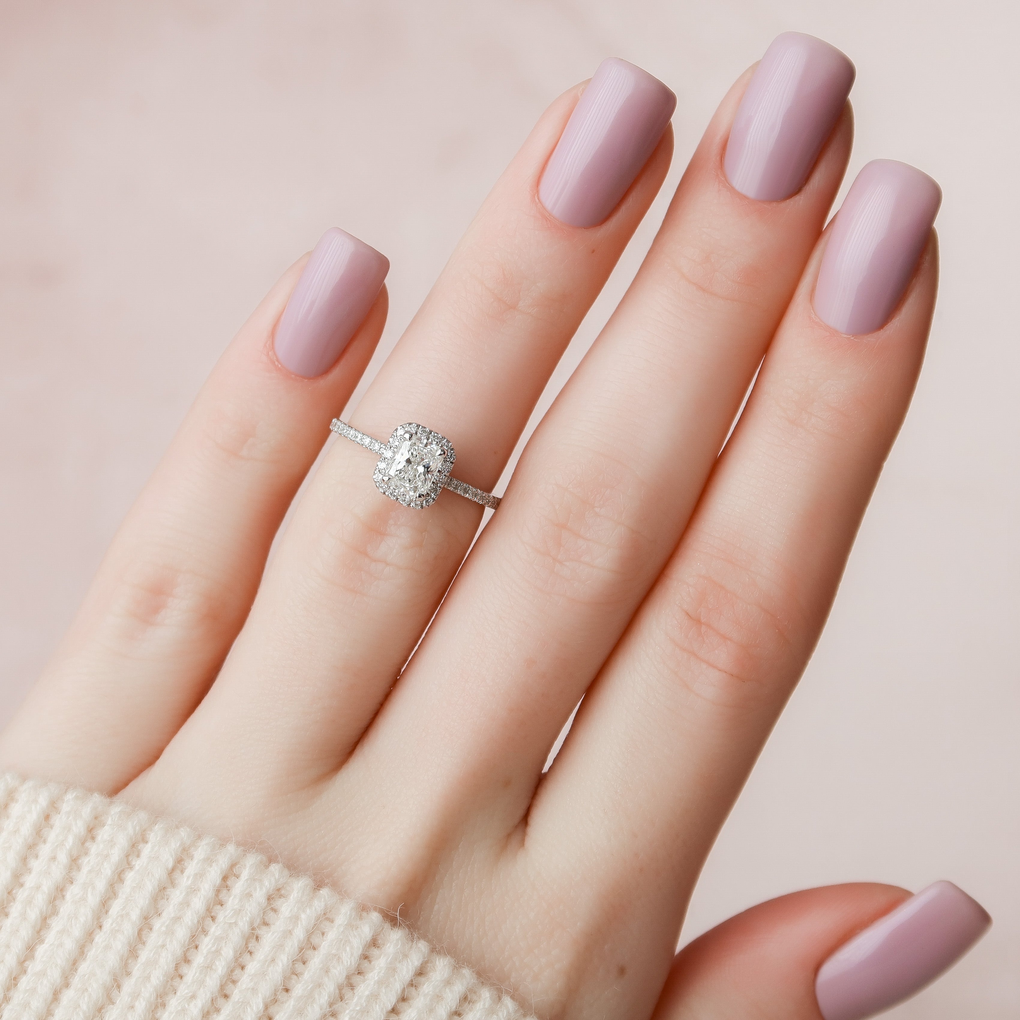 Radiant cut moissanite engagement ring with halo and pave band in platinum setting, 2.0-4.0 CT