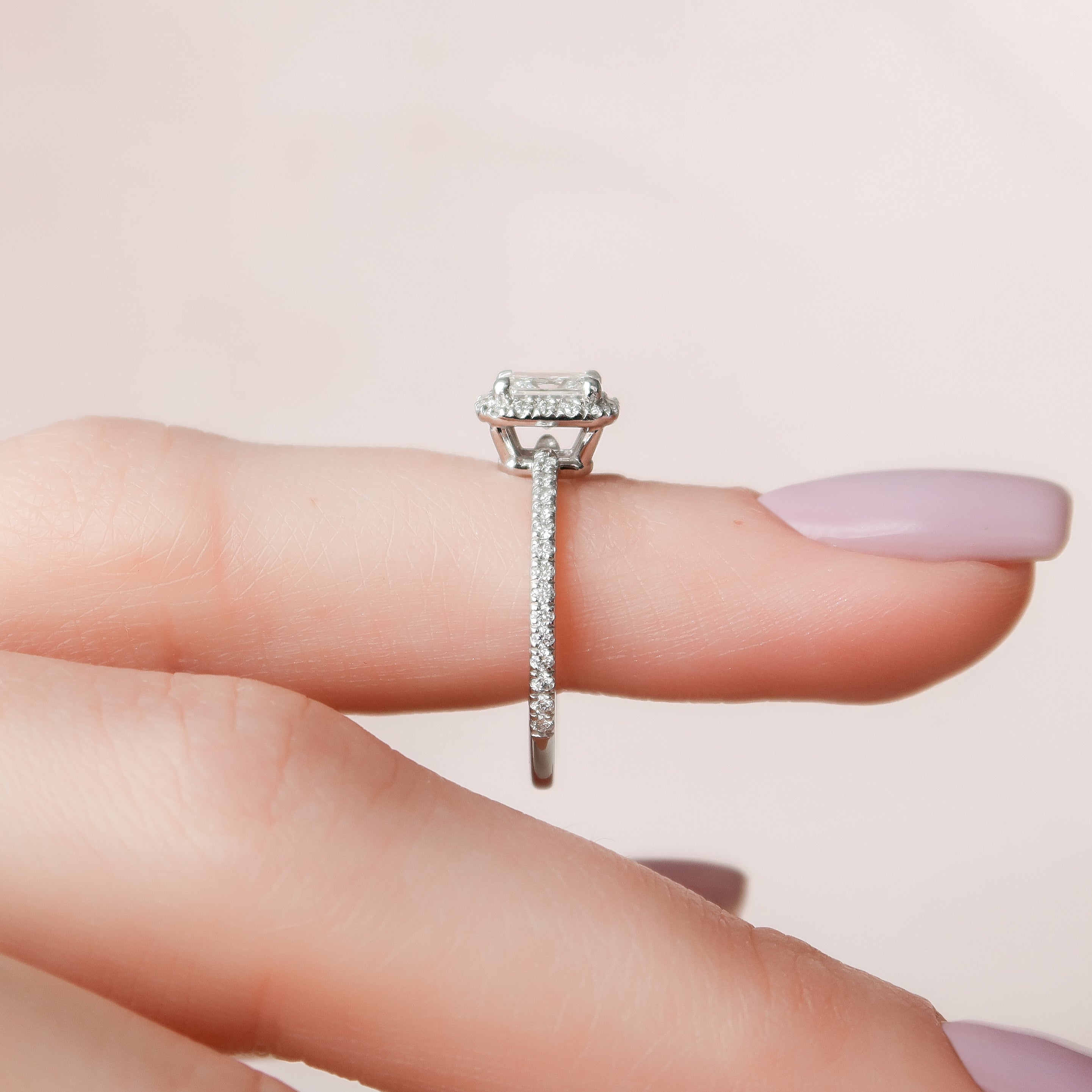 Radiant cut moissanite engagement ring with halo and pave band in platinum setting, 2.0-4.0 CT