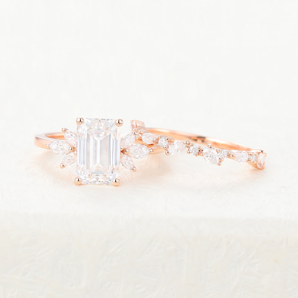 1.89 CT Emerald Moissanite Cluster Bridal Ring Set - Camila Brown