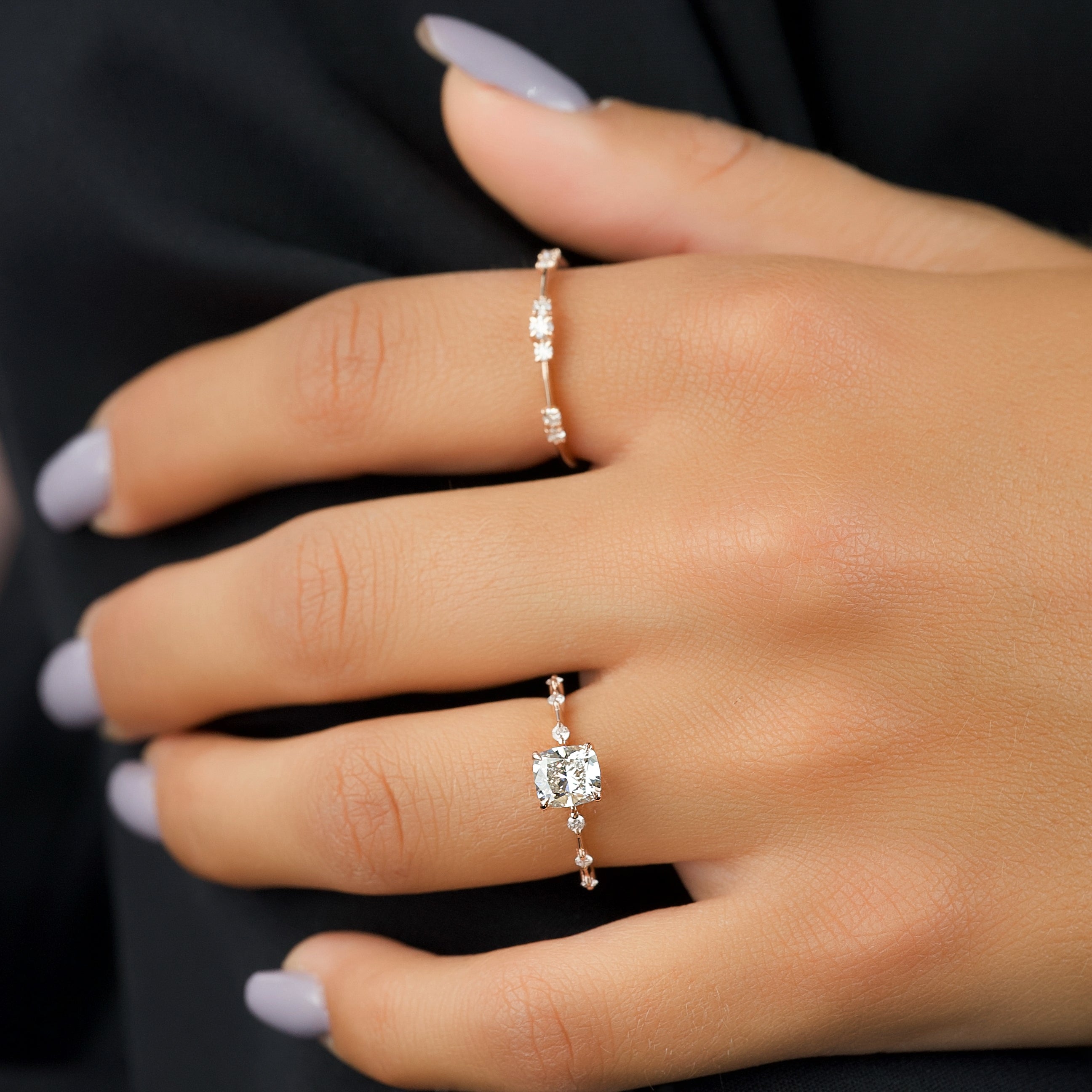 Elongated cushion cut CVD diamond dainty engagement ring with delicate band