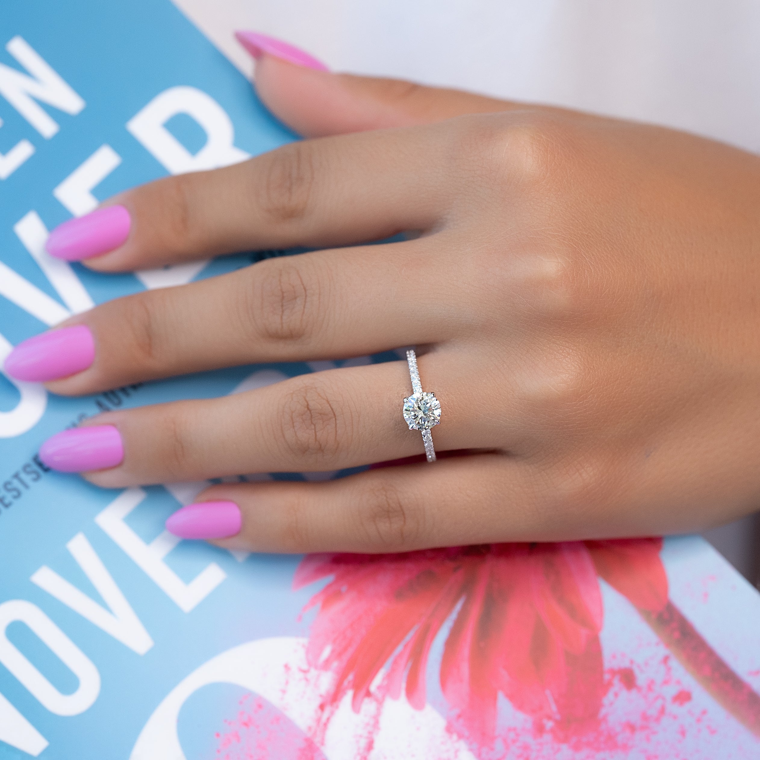 Round cut CVD diamond engagement ring with delicate pave diamond band in platinum