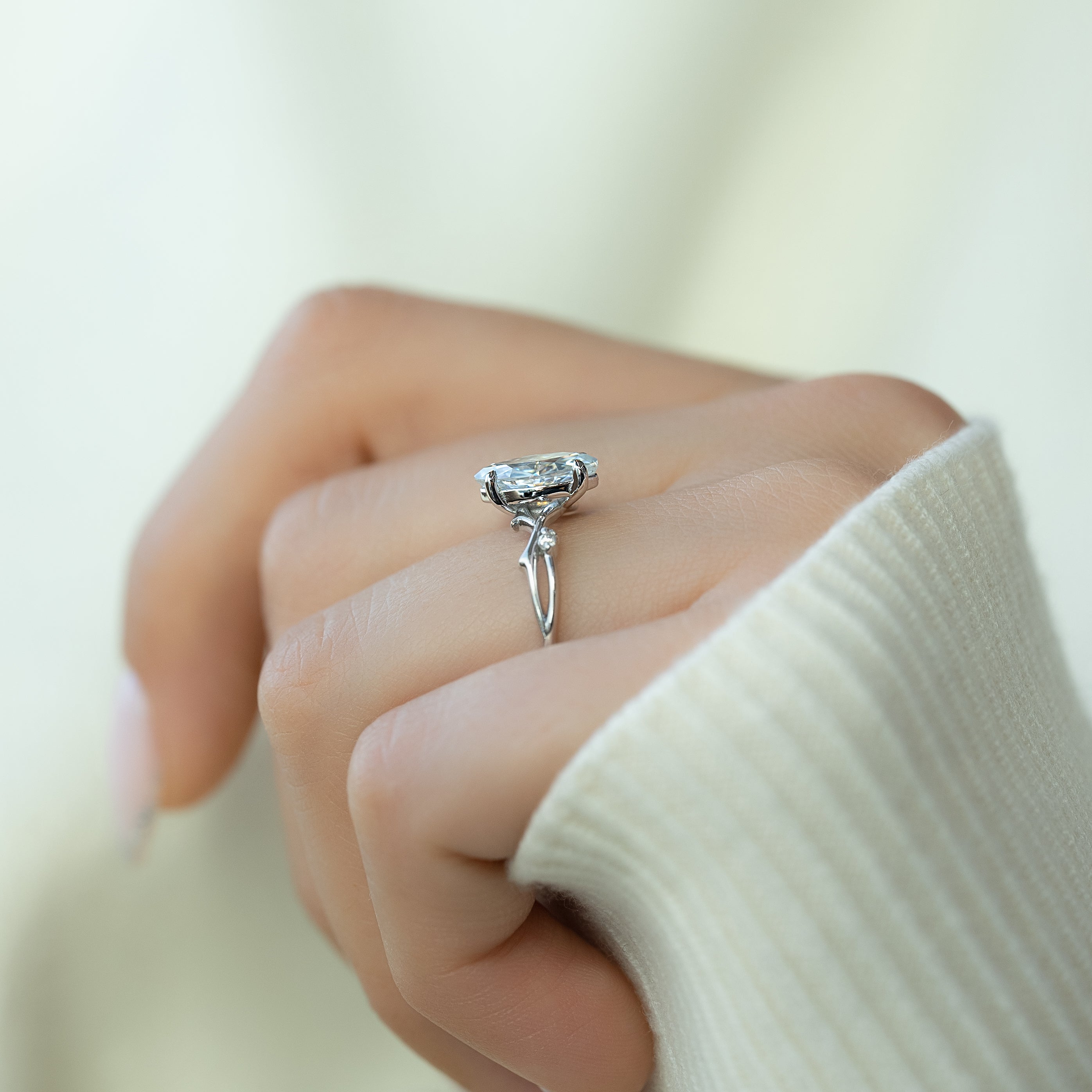 Marquise cut CVD diamond engagement ring with twig-style band in white gold