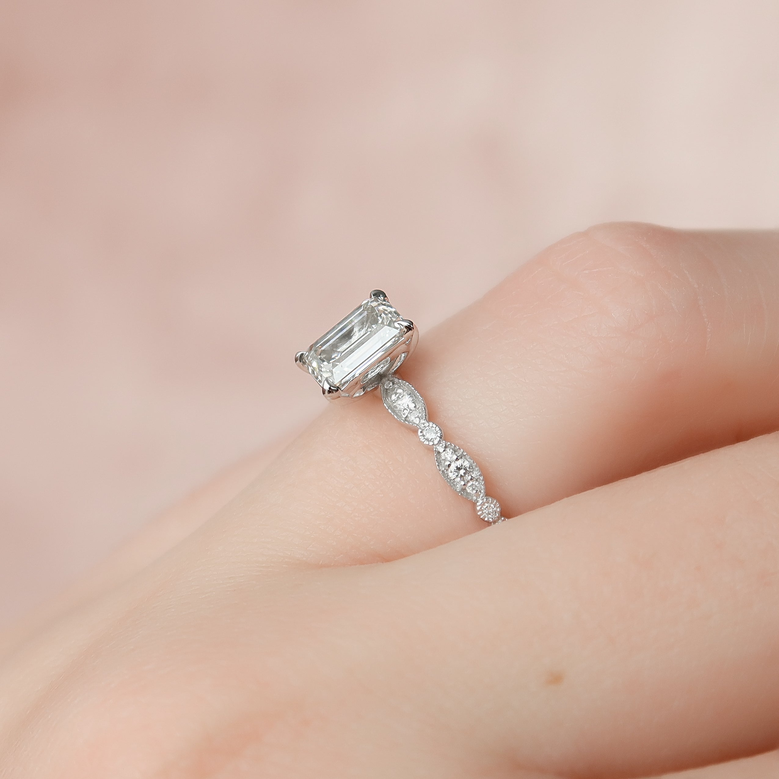 1.0 - 3.0 CT Emerald Cut Lab Grown Diamond Milgrain Setting Engagement Ring