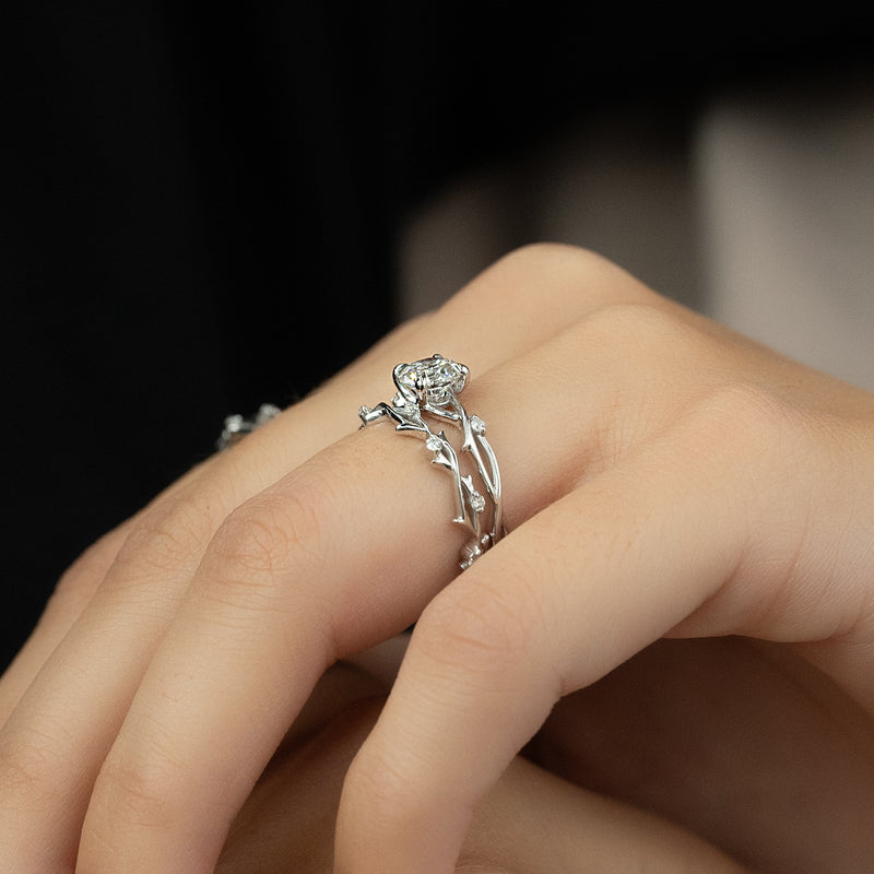 Round cut CVD diamond engagement ring with twig-inspired band in white gold