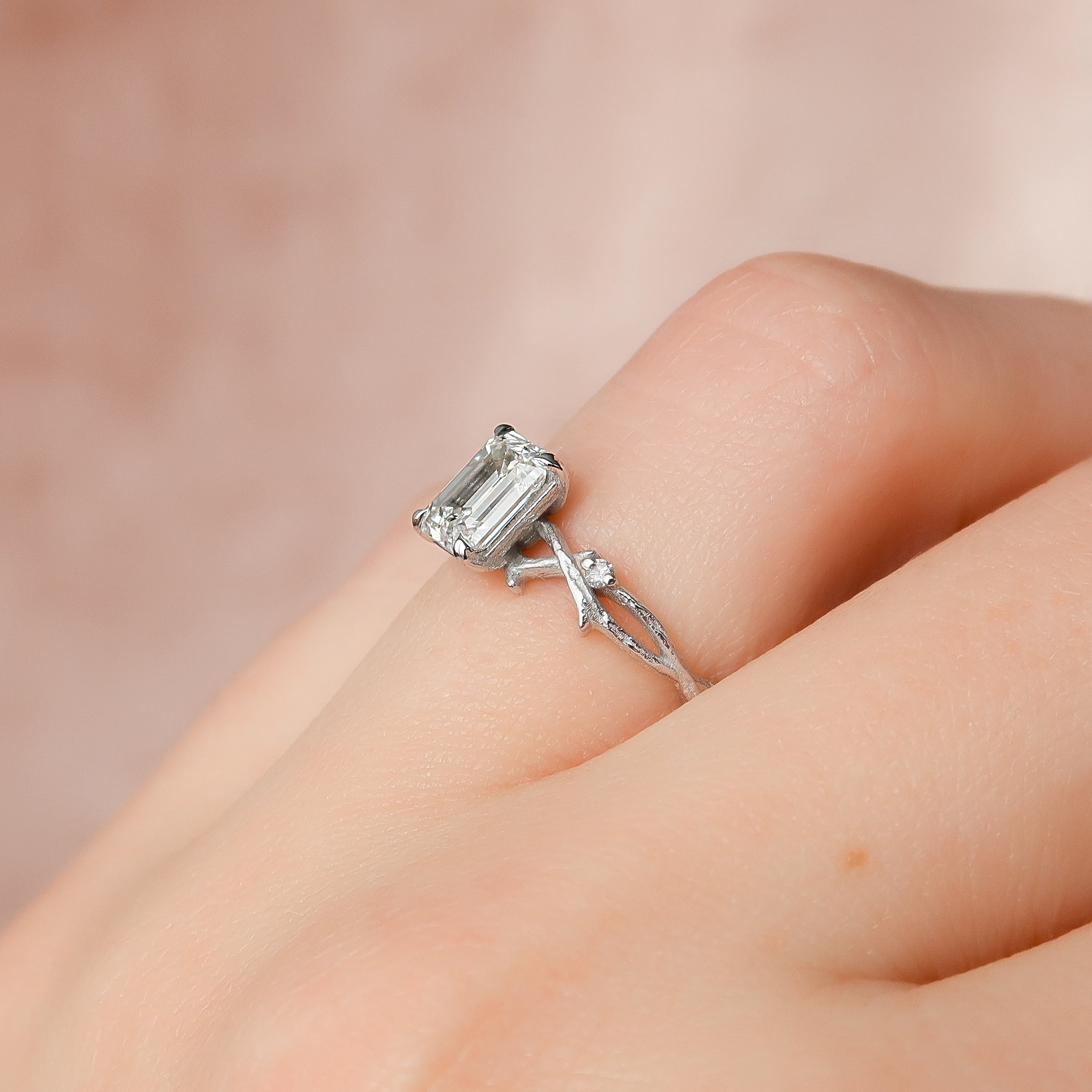 1.0 - 3.0 CT Emerald Cut Lab Grown Diamond Twig Setting Engagement Ring