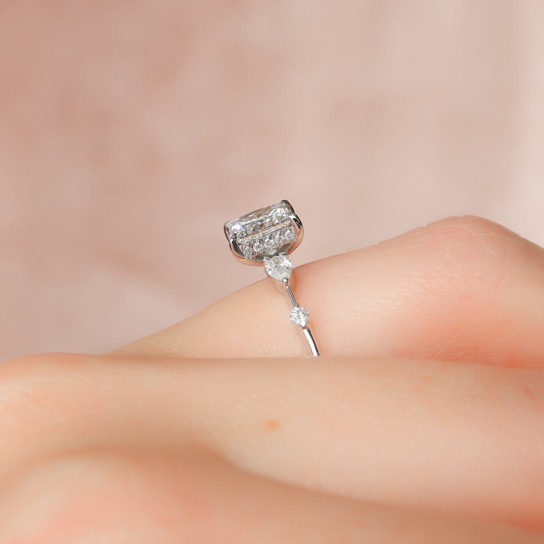 Princess cut CVD diamond engagement ring with hidden halo in dainty white gold setting