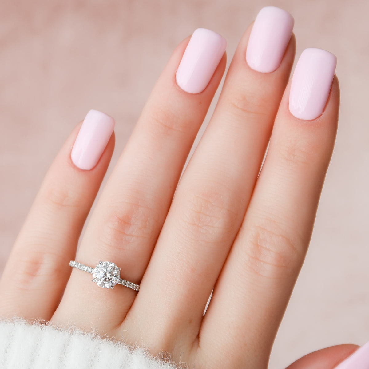 Round cut CVD diamond hidden halo engagement ring with pave band in white gold setting