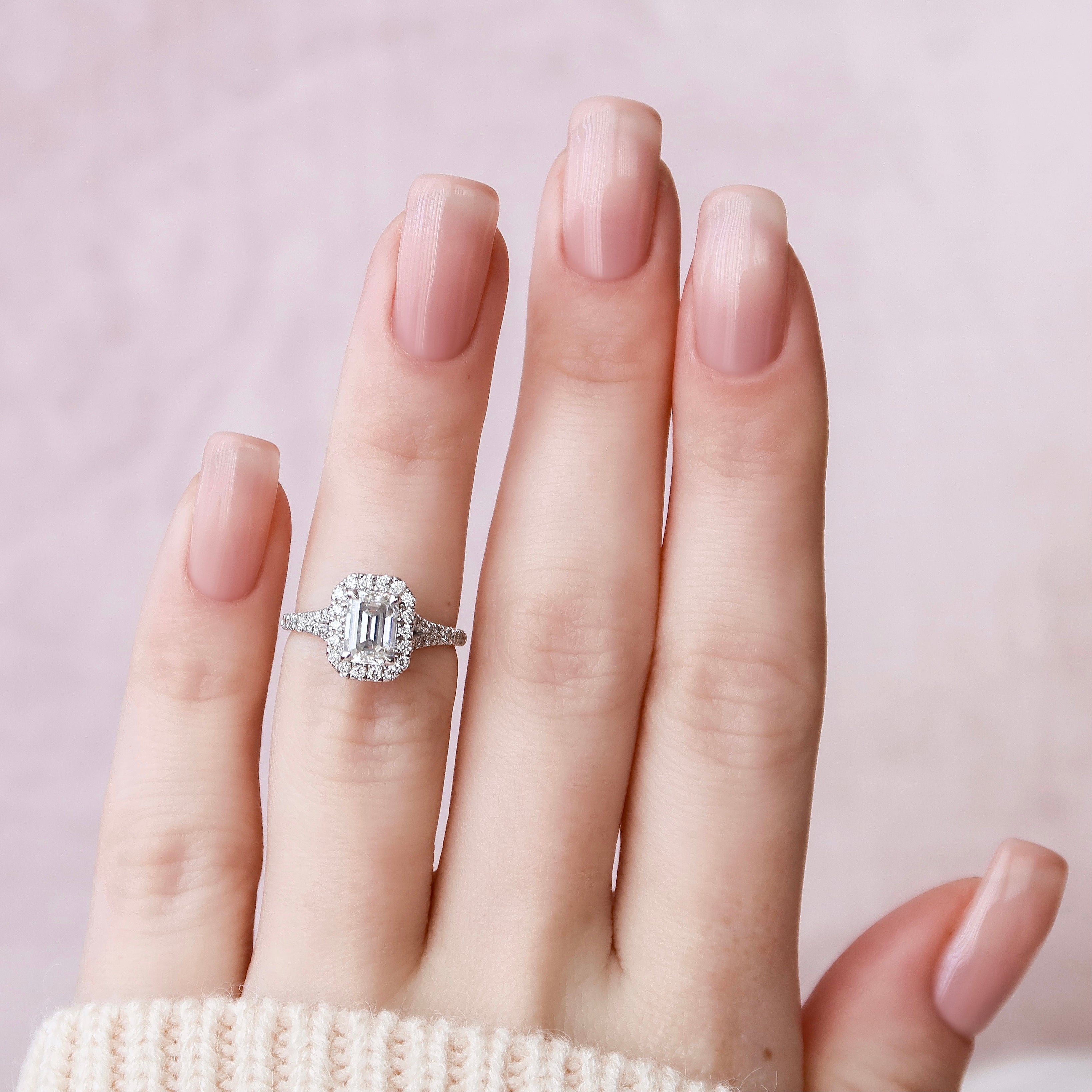 1.0 - 3.0 CT Emerald Cut Lab Grown Diamond Halo Split Shank Engagement Ring