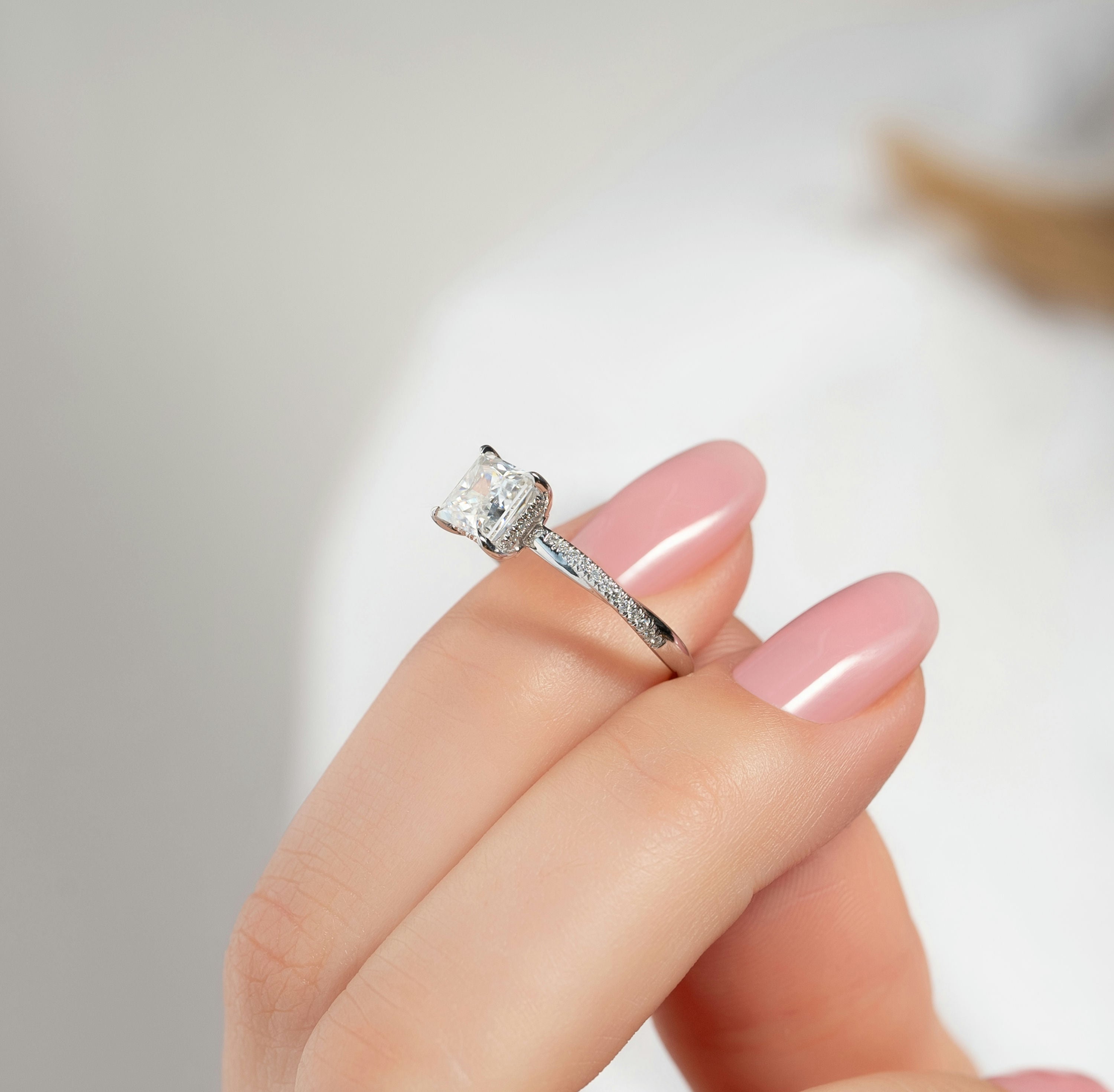 1.0 - 3.0 CT Princess Cut Lab Grown Diamond Hidden Halo & Twisted Setting Engagement Ring