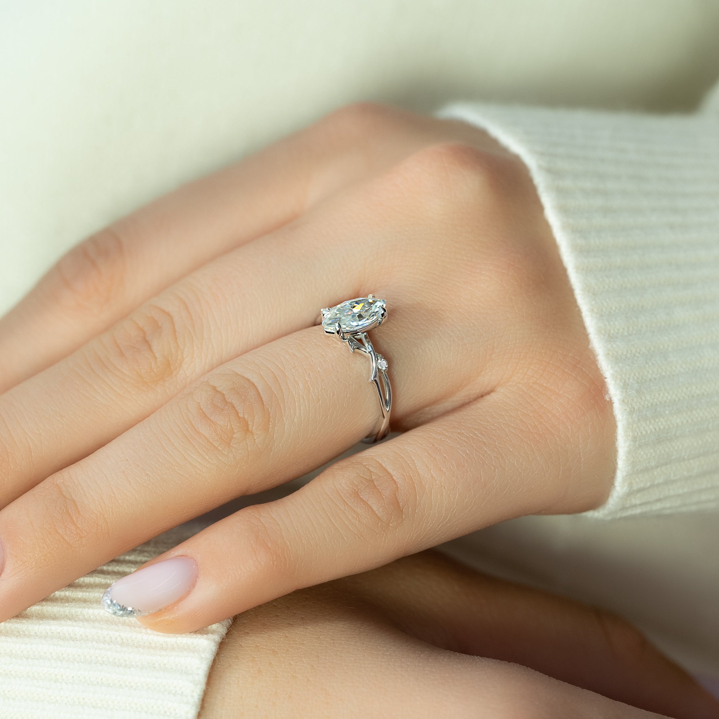 Marquise cut CVD diamond engagement ring with twig-style band in white gold