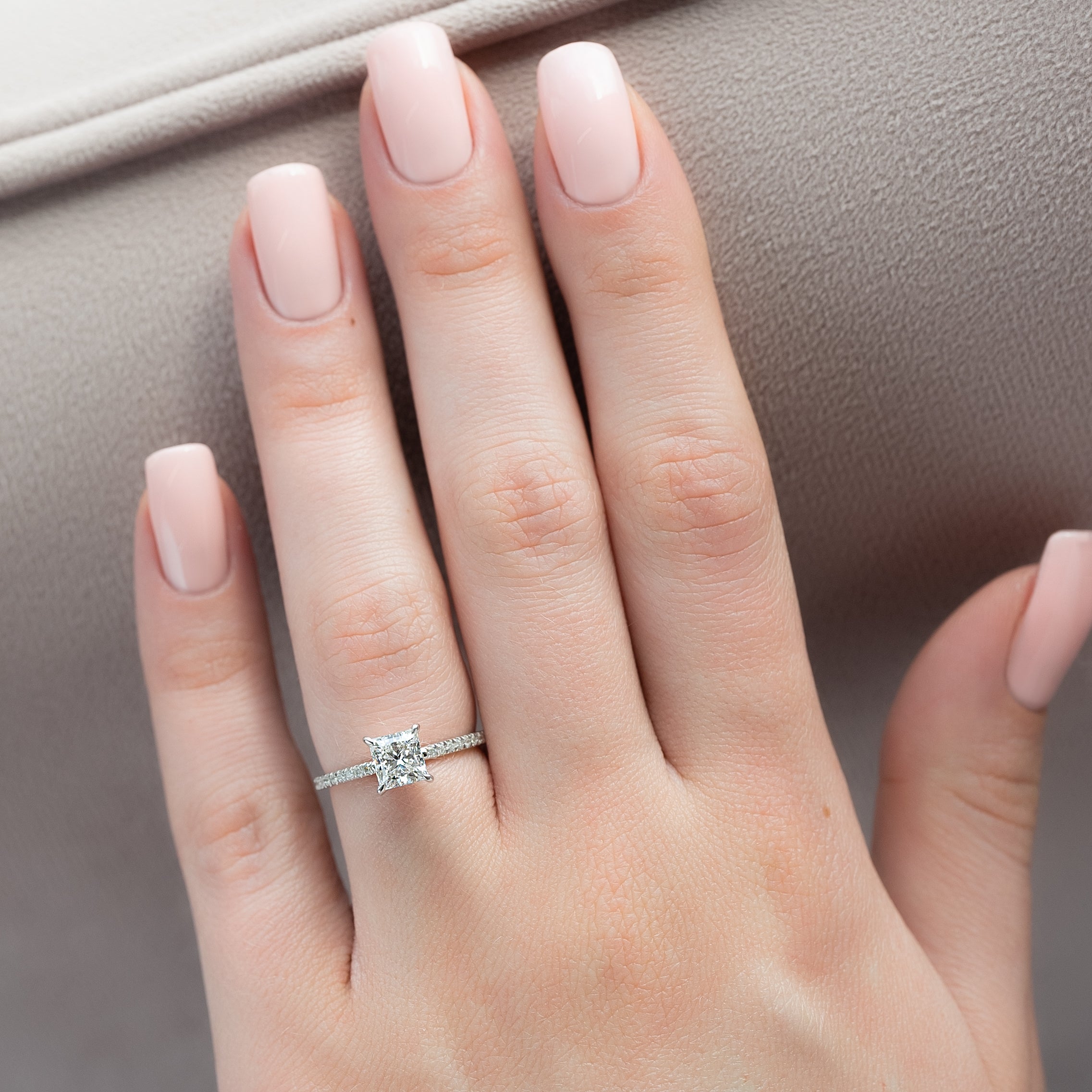 Princess cut CVD diamond engagement ring with hidden halo and pave diamond band in white gold