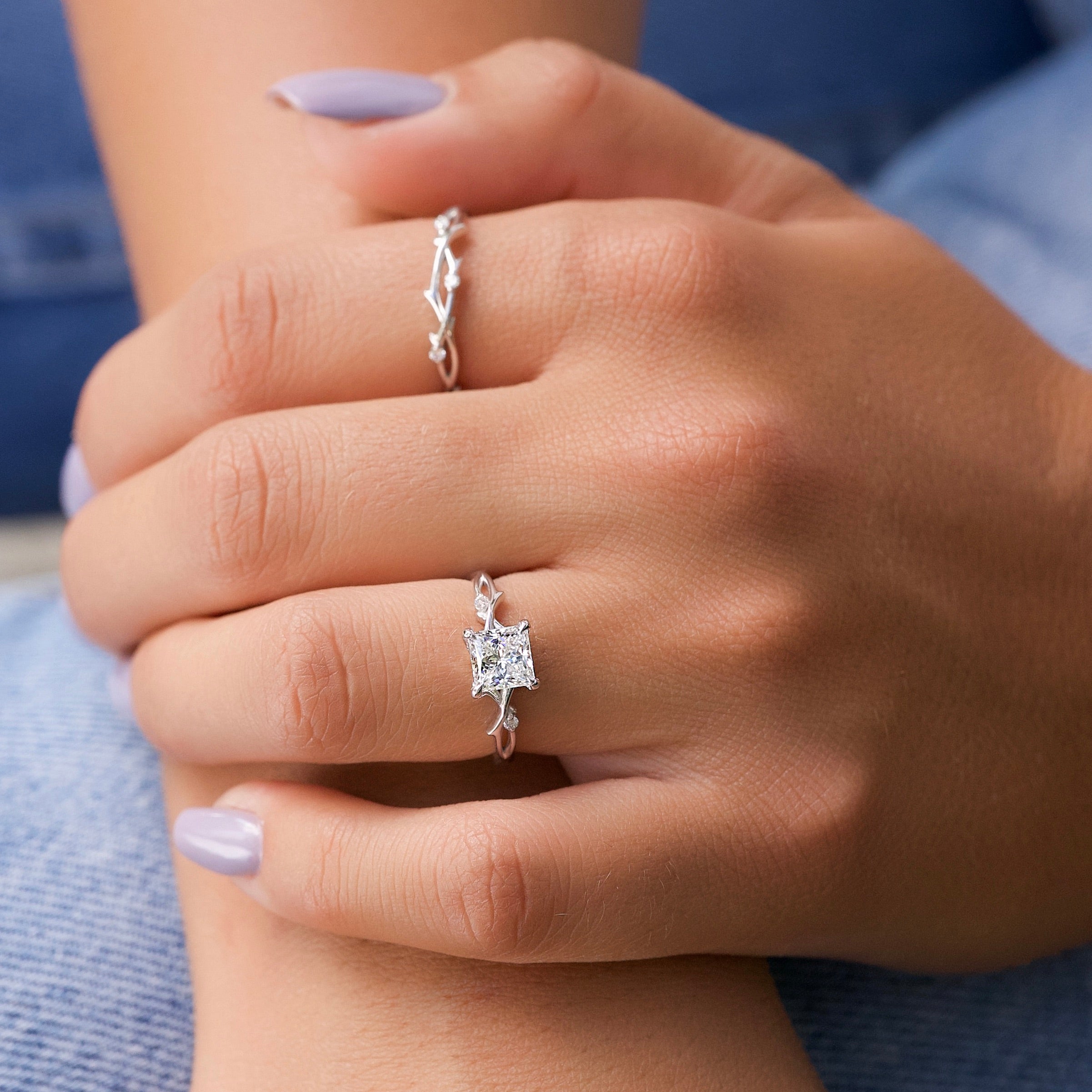 Princess cut CVD diamond engagement ring with twig style band design