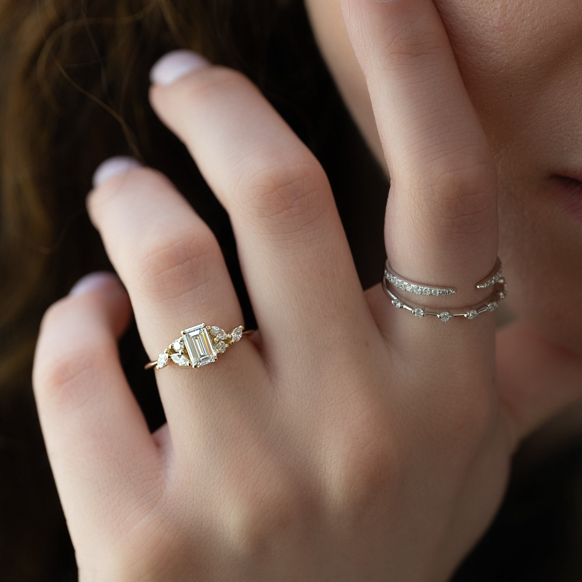 1.0 - 3.0 CT Emerald Cut Lab Grown Diamond Cluster Engagement Ring