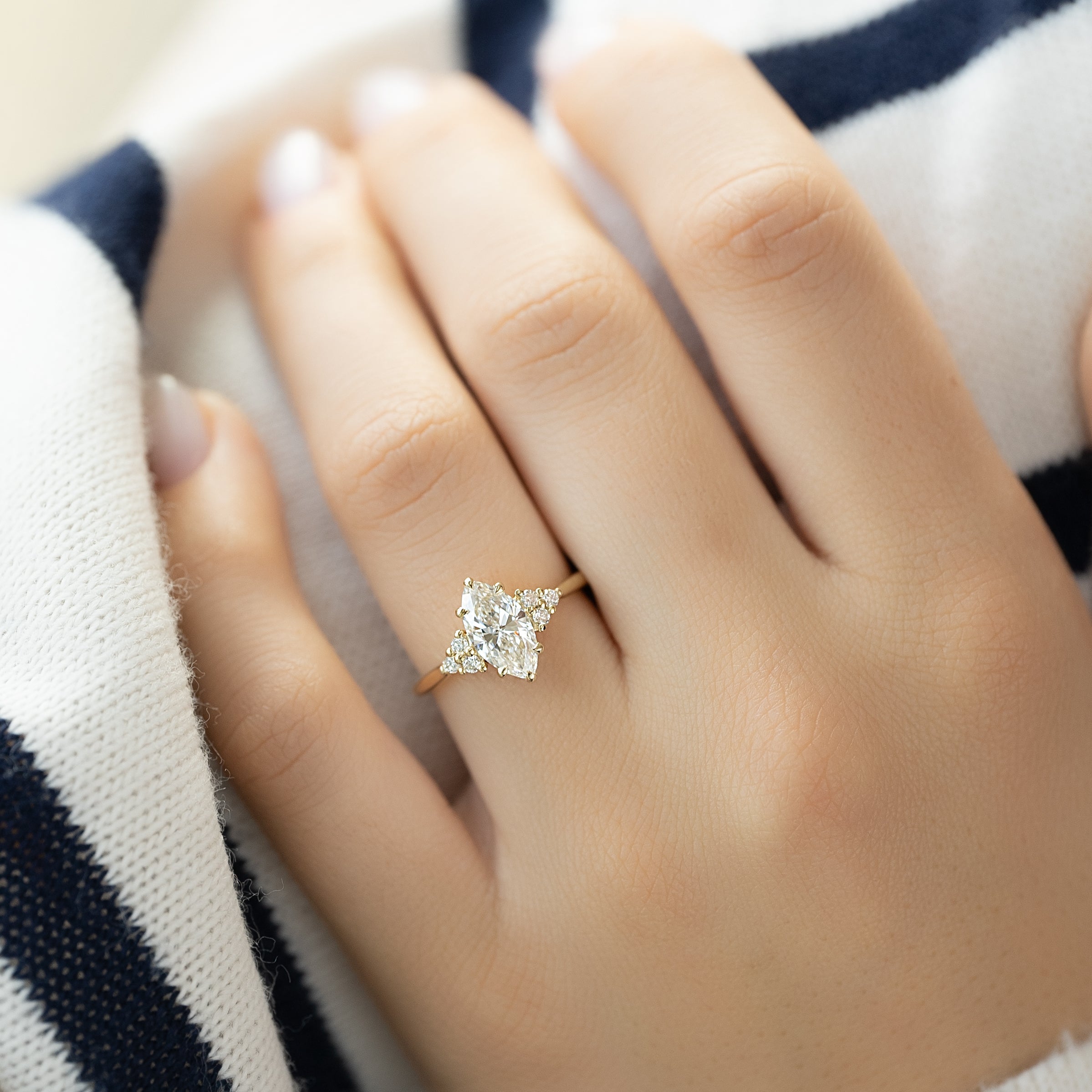 Marquise cut CVD diamond cluster engagement ring in white gold setting