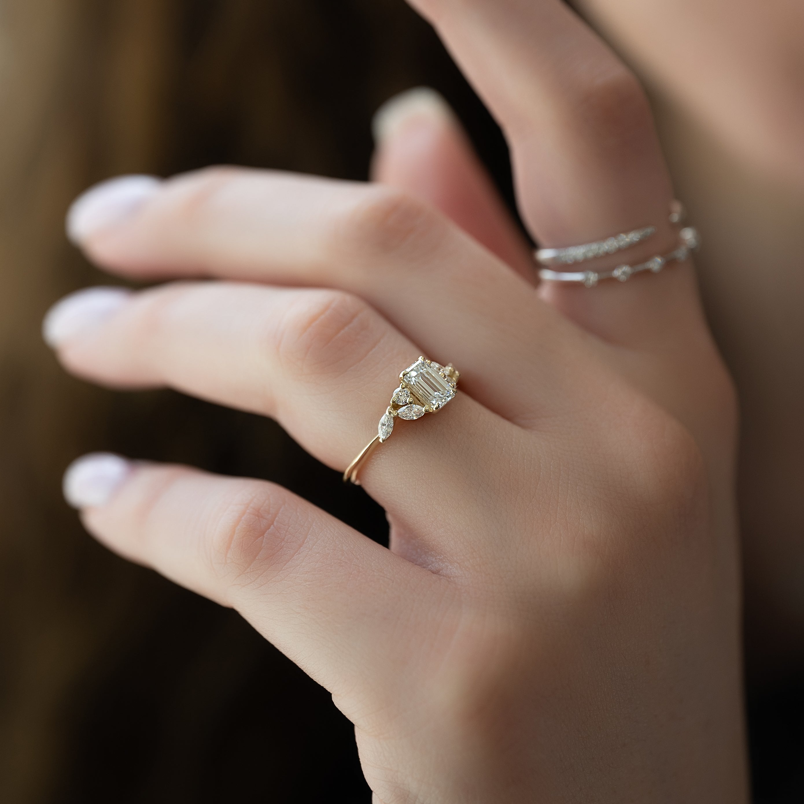 1.0 - 3.0 CT Emerald Cut Lab Grown Diamond Cluster Engagement Ring