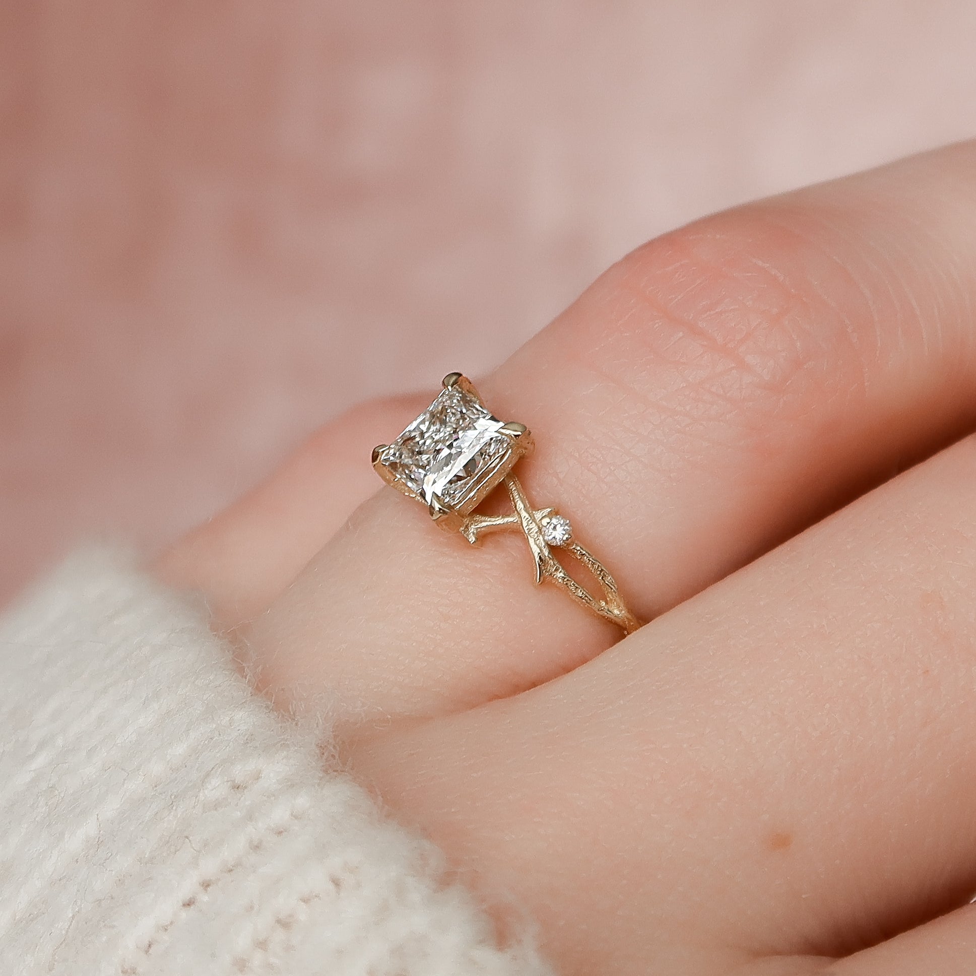 Princess cut CVD diamond engagement ring with twig-style band in white gold