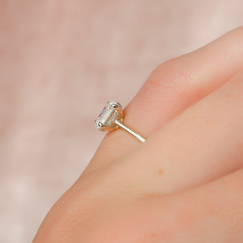 Oval cut CVD diamond engagement ring with hidden halo in white gold setting