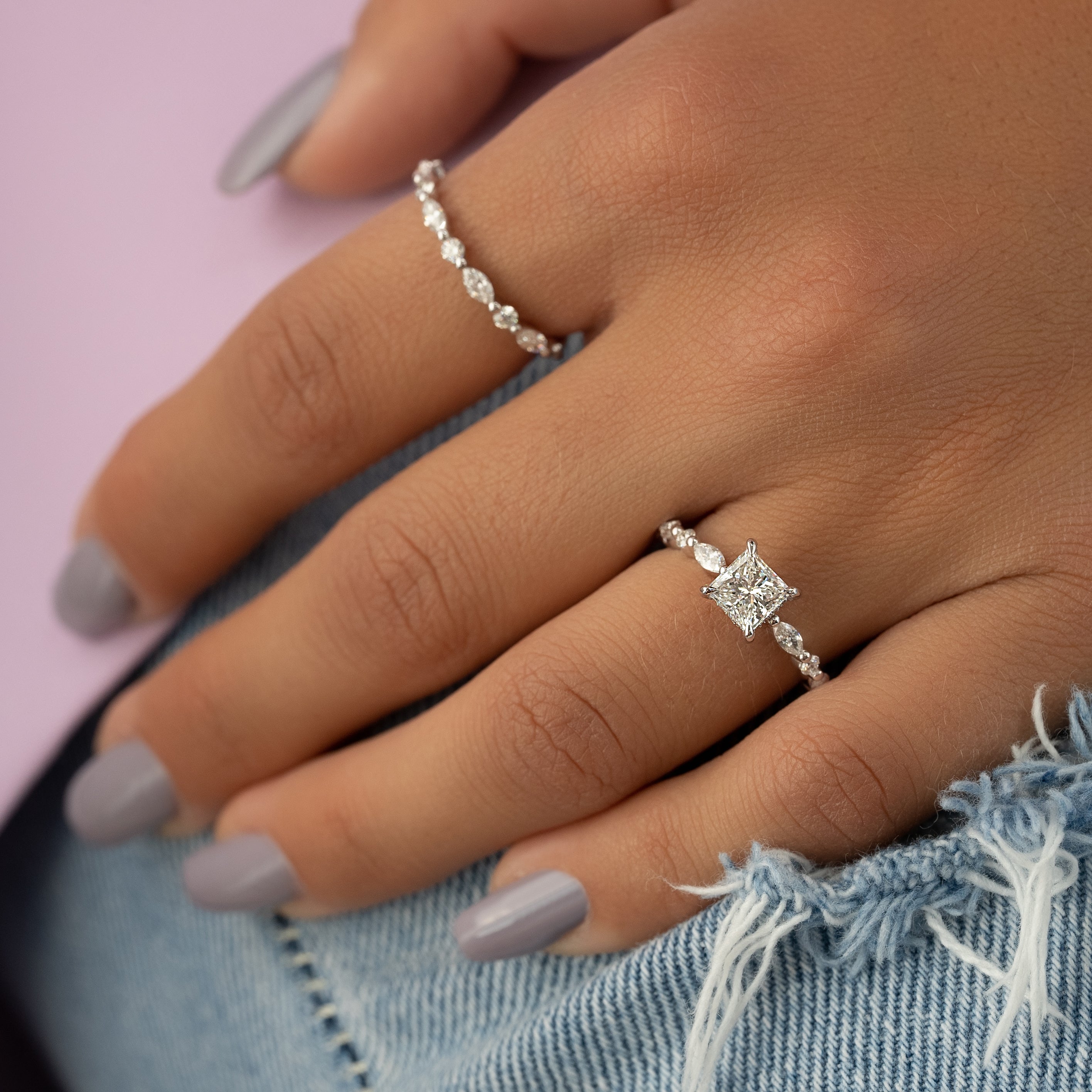 Princess cut CVD diamond engagement ring with hidden halo and pave diamond band in white gold