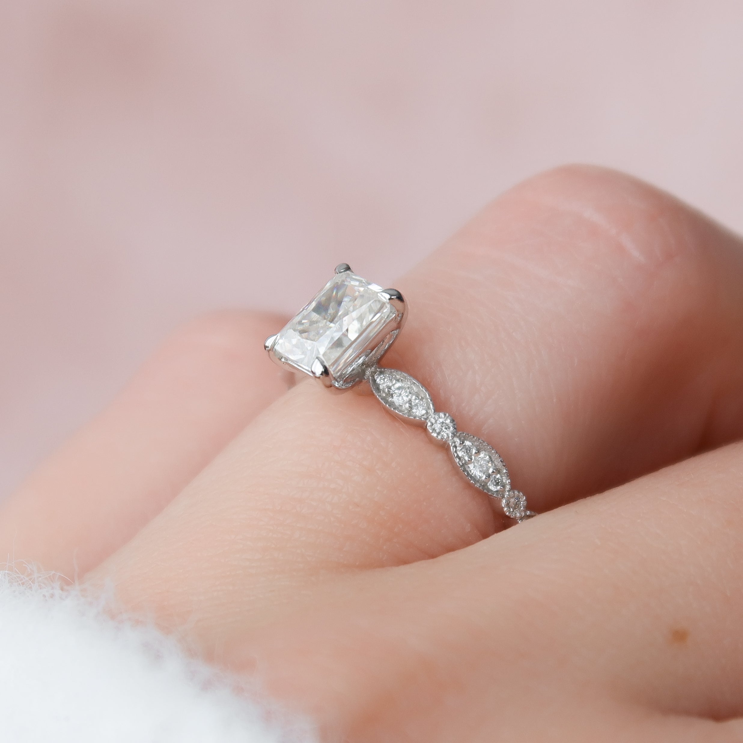Radiant cut CVD diamond vintage style engagement ring with detailed band design