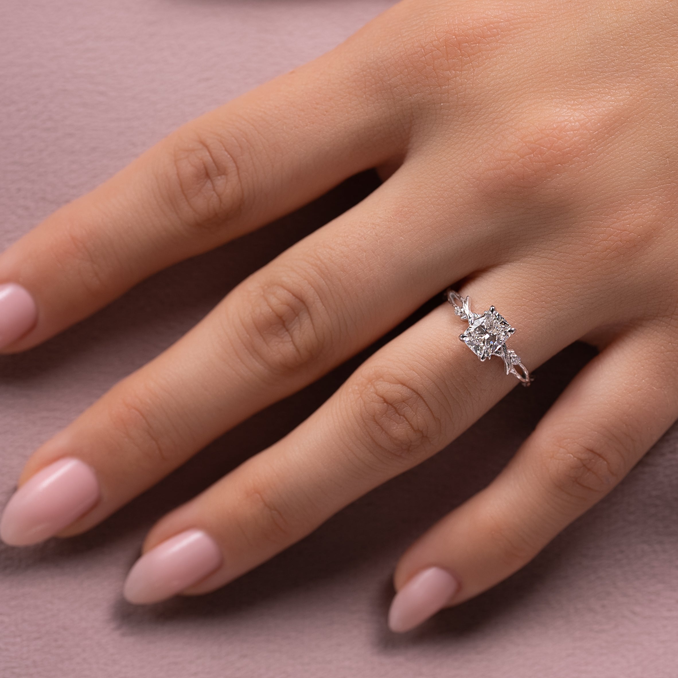 Elongated cushion cut CVD diamond engagement ring with twig-style band design