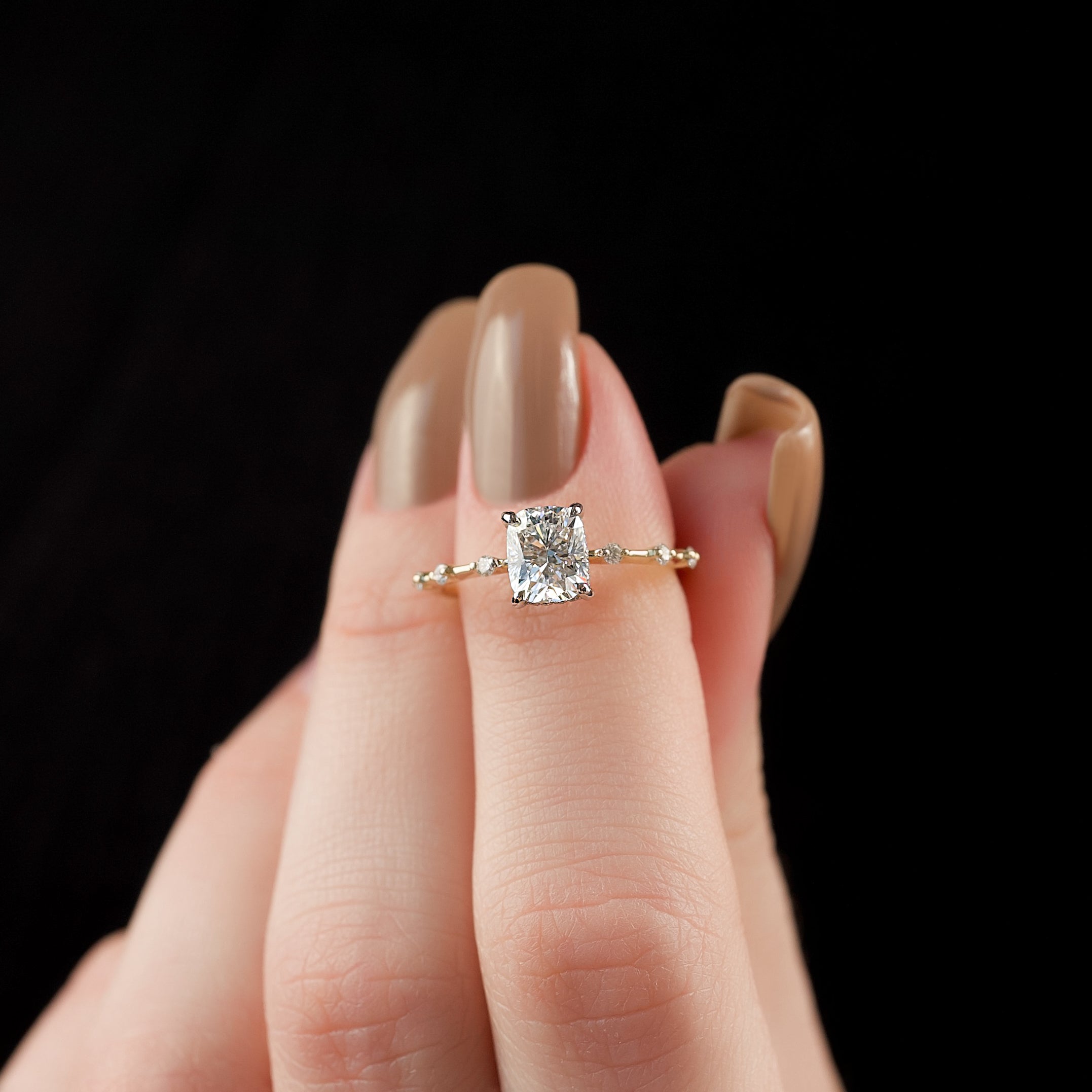 Elongated cushion cut CVD diamond dainty engagement ring with hidden halo setting