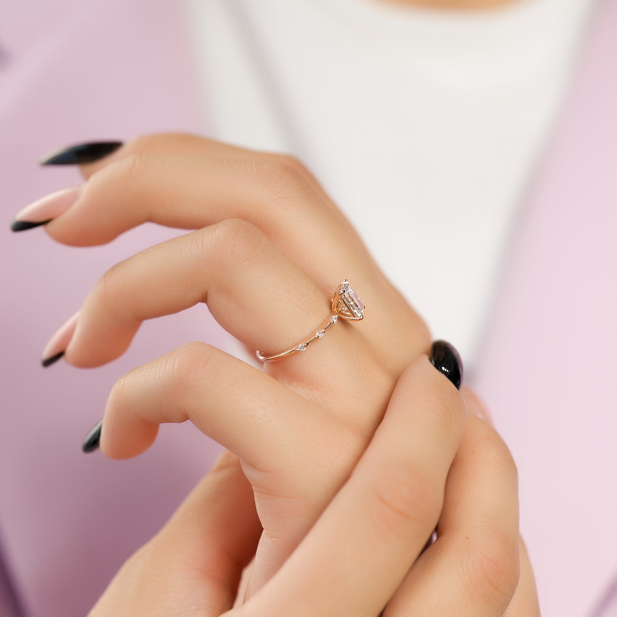 Radiant cut CVD diamond dainty engagement ring in slim white gold band setting