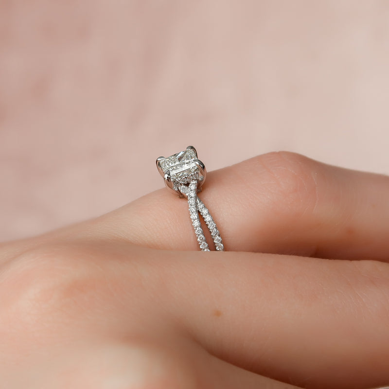 Princess cut CVD diamond engagement ring with split shank band in white gold