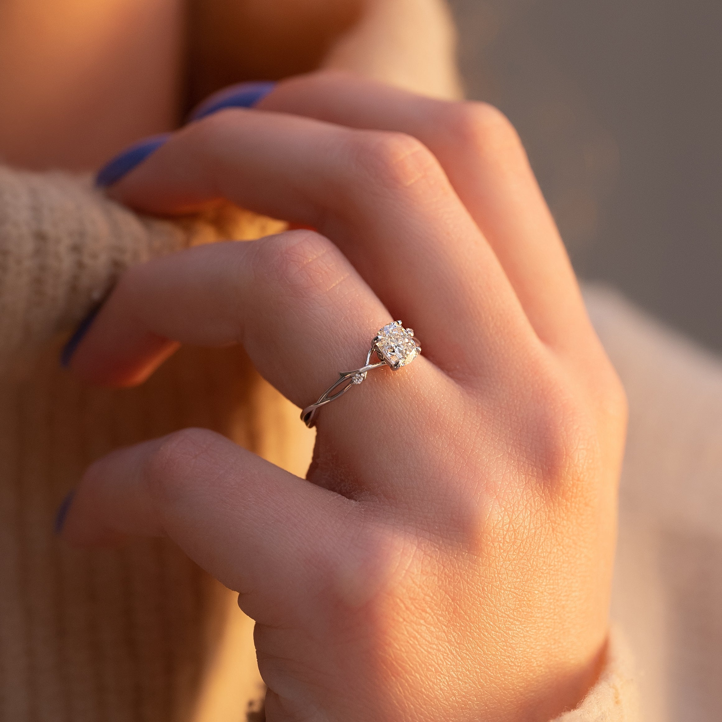 2.0 - 4.0 CT Elongated Cushion Cut Lab Grown Diamond twig Engagement Ring