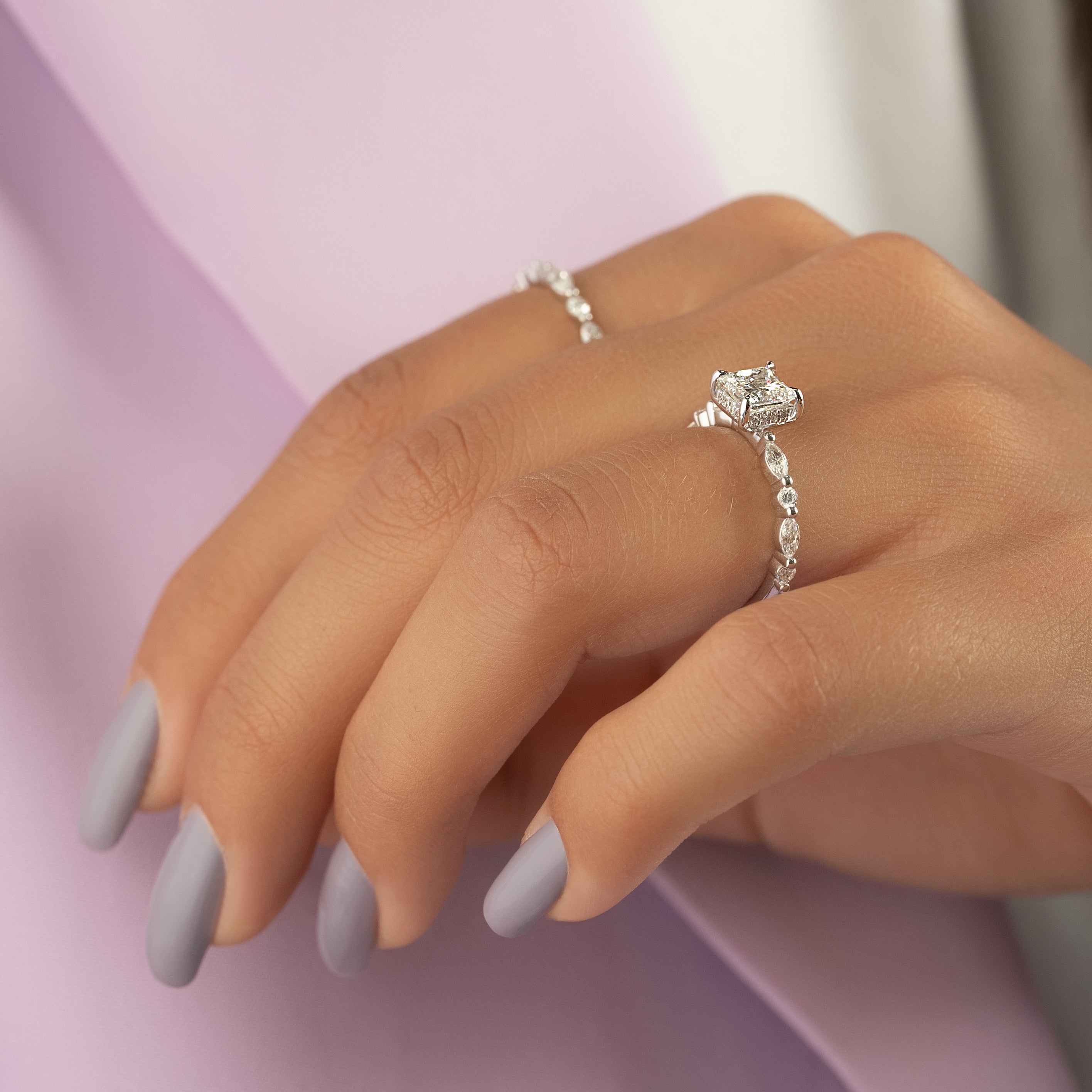 Princess cut CVD diamond engagement ring with hidden halo and pave diamond band in white gold