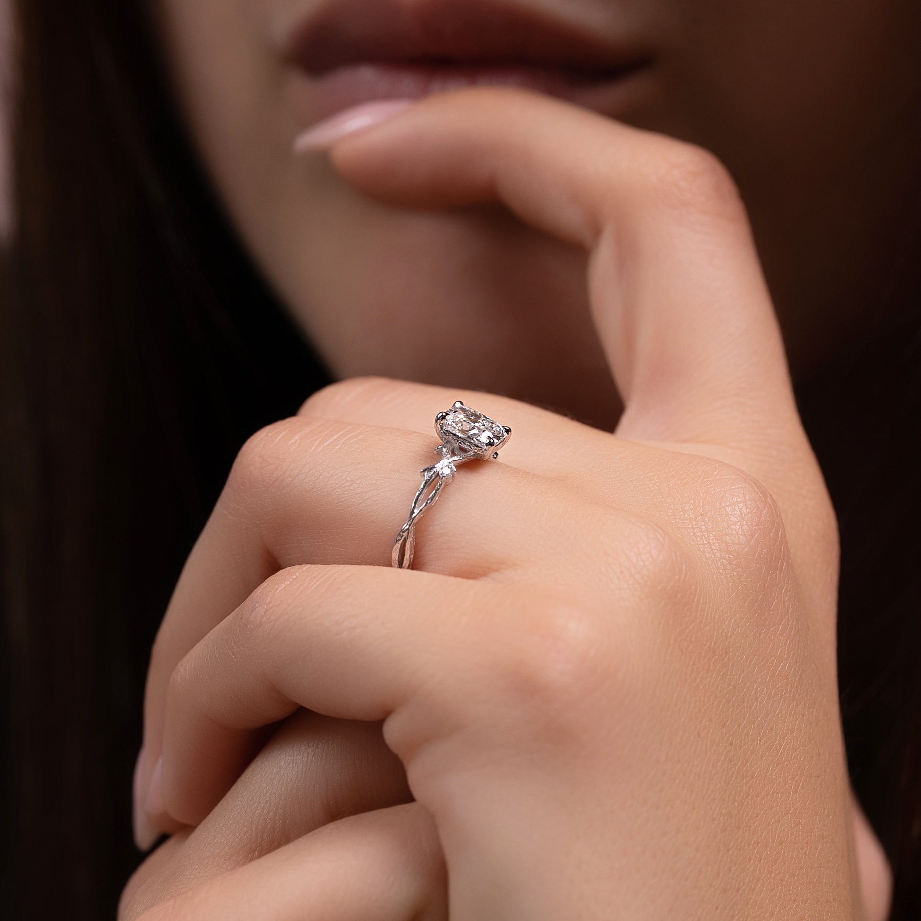 Elongated cushion cut CVD diamond engagement ring with twig-style band design