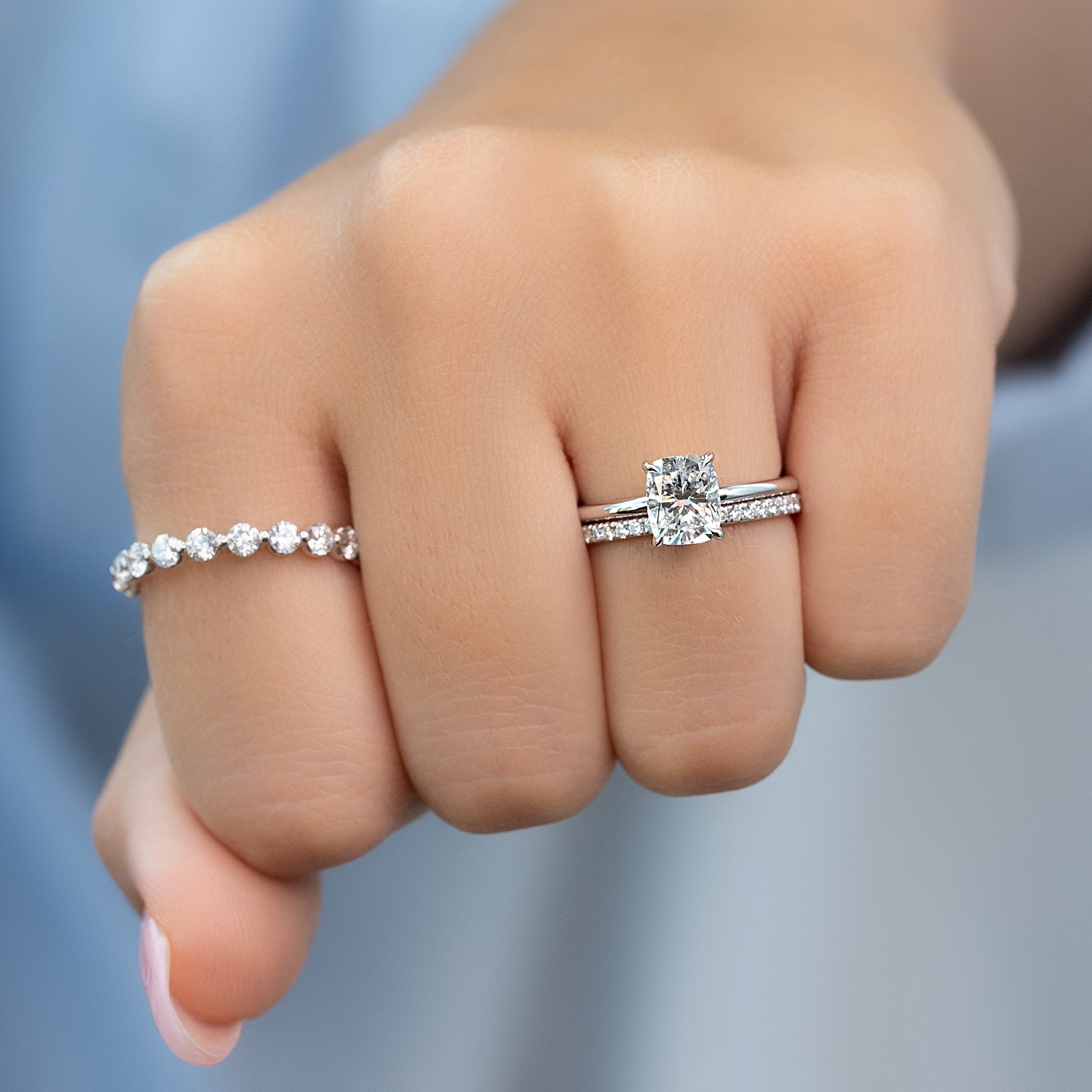 Elongated cushion cut CVD diamond engagement ring with hidden halo setting in white gold
