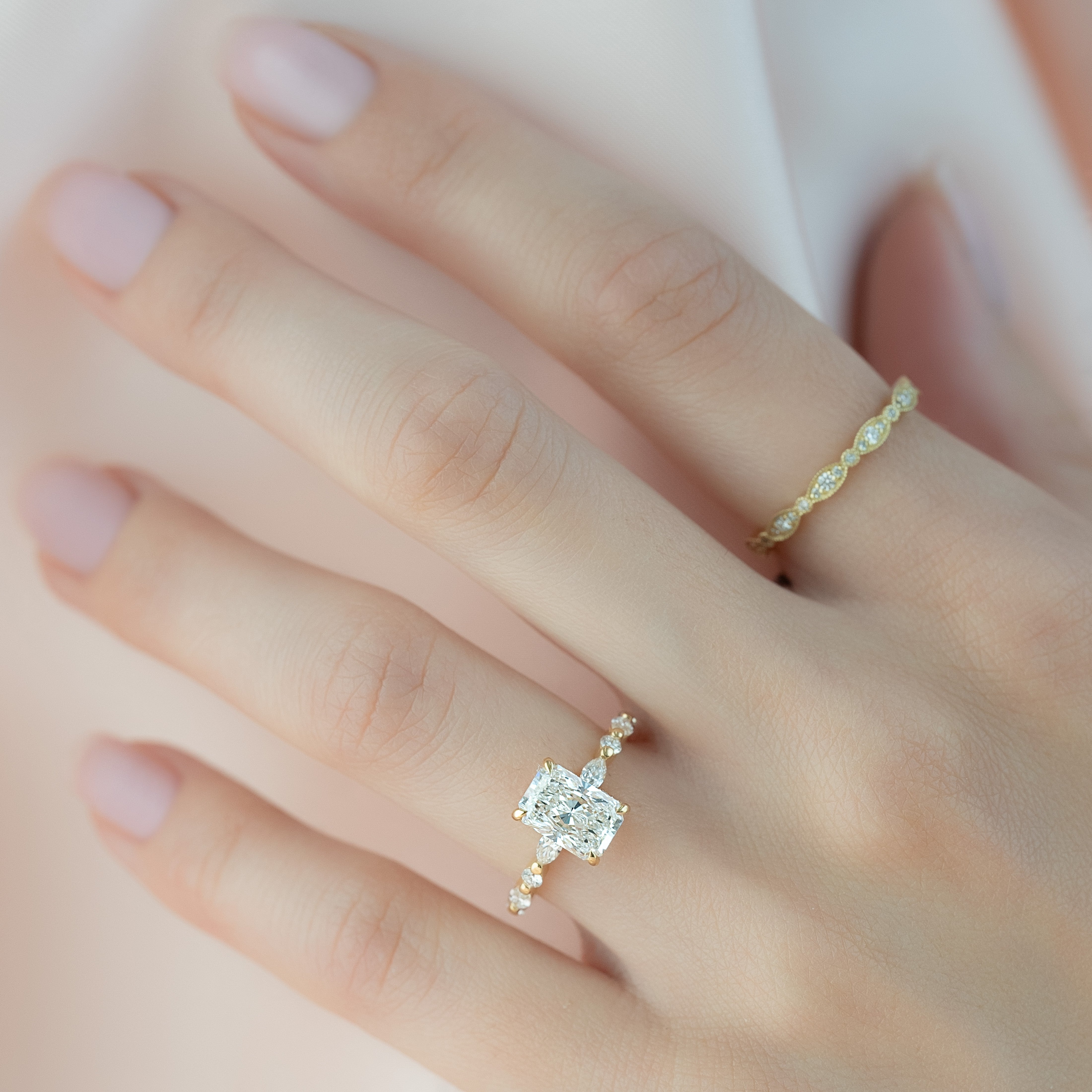 Radiant cut CVD diamond engagement ring with hidden halo and pave setting for a sparkling modern bridal style