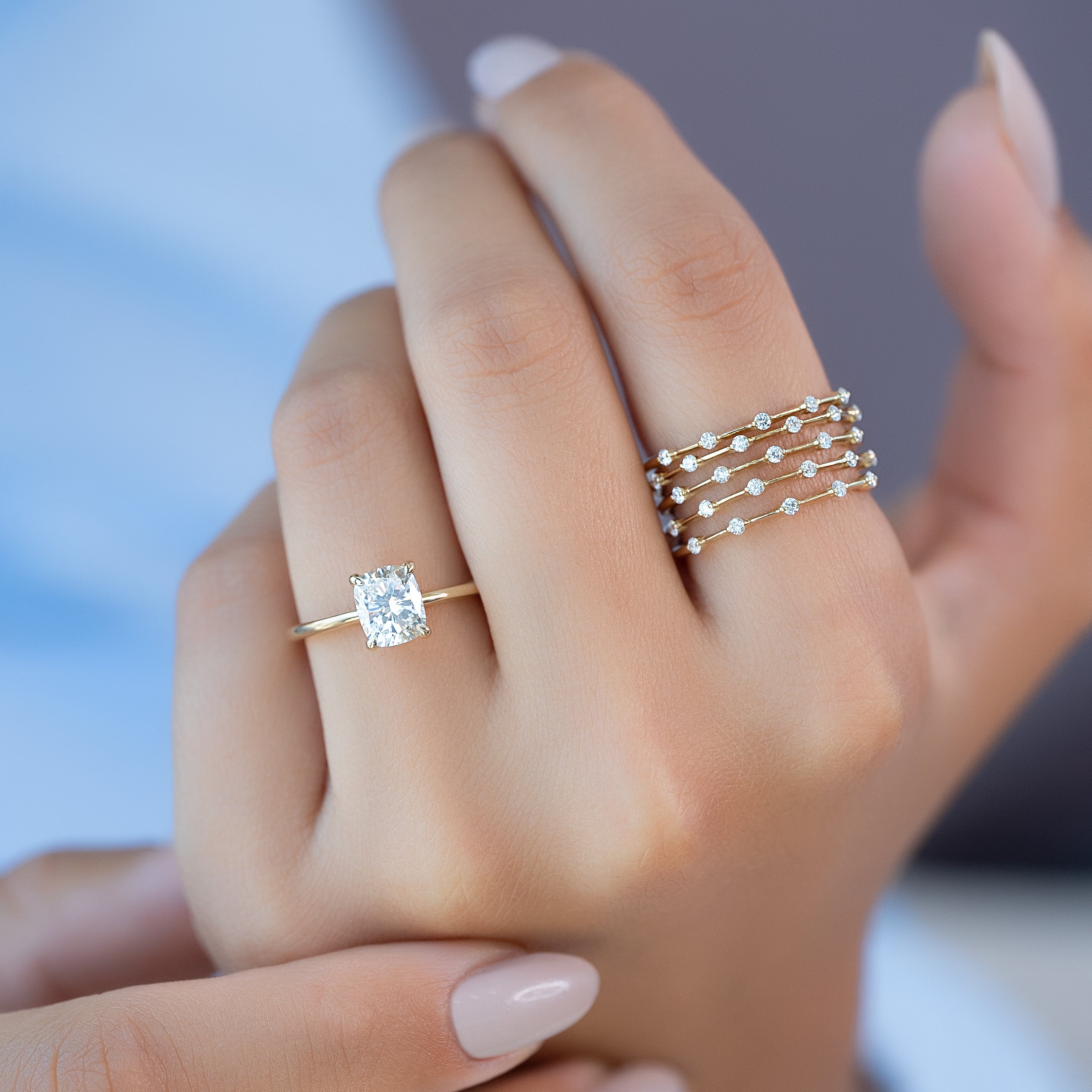 Elongated cushion cut CVD diamond solitaire engagement ring in white gold setting