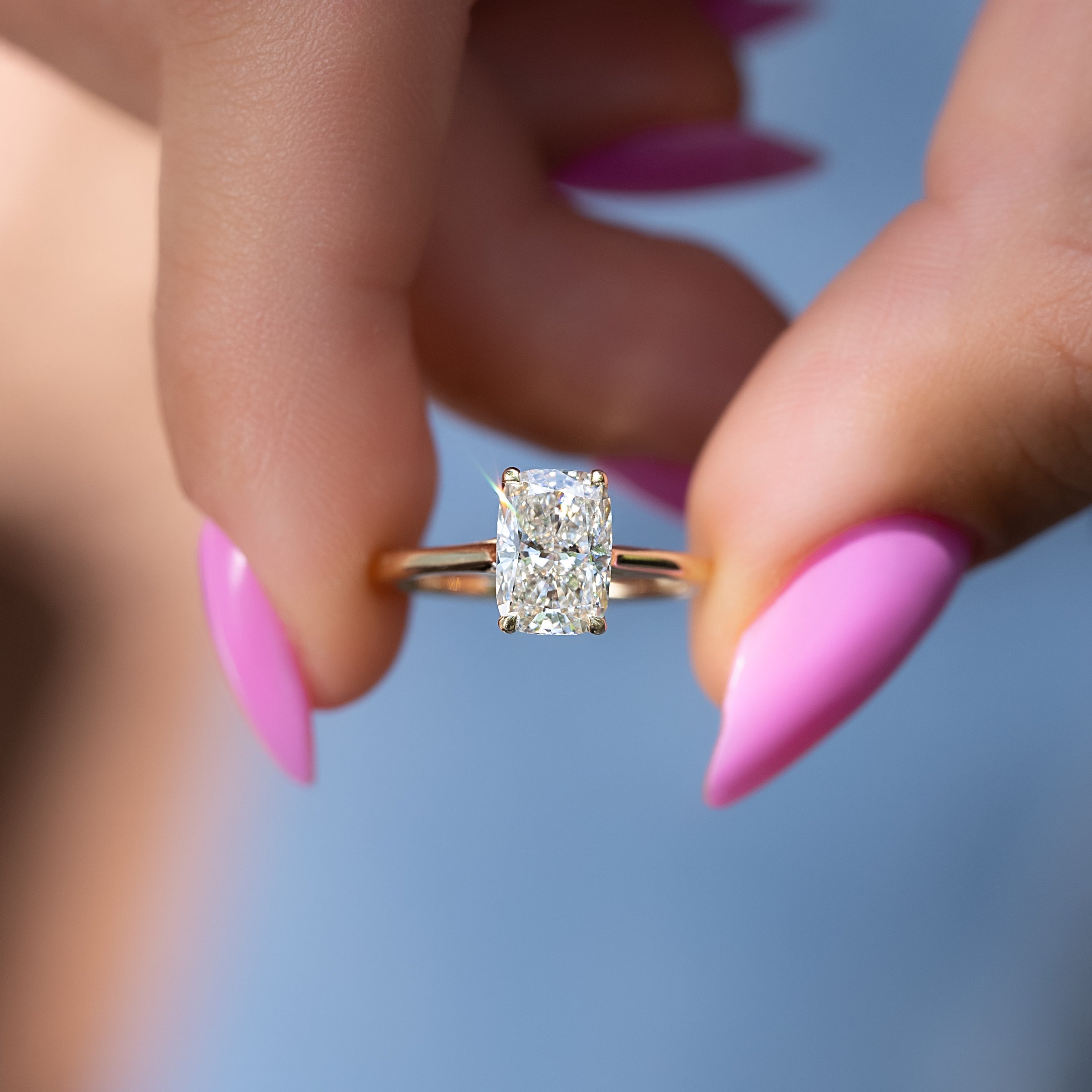 Elongated cushion cut moissanite solitaire engagement ring in white gold setting, 2.0-4.0 CT