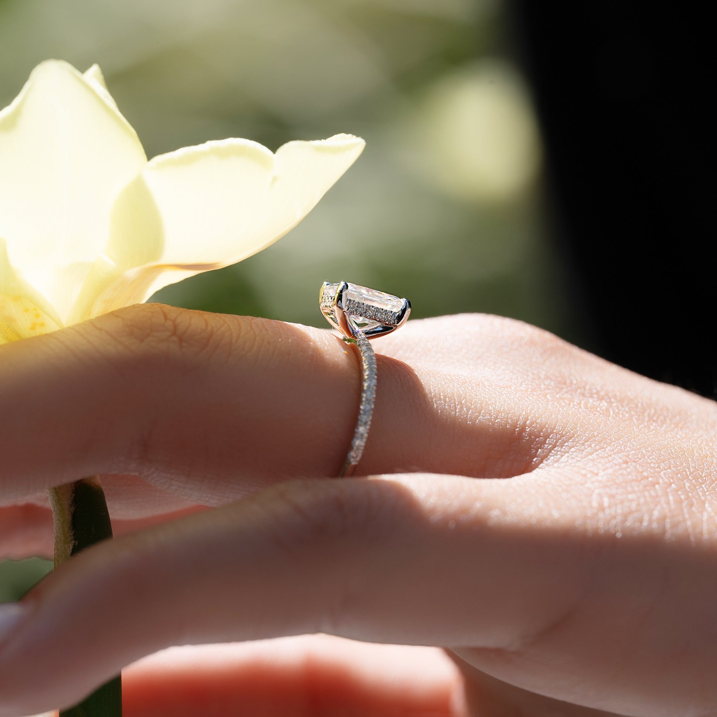 Radiant cut CVD diamond engagement ring with hidden halo and pave diamond band in white gold