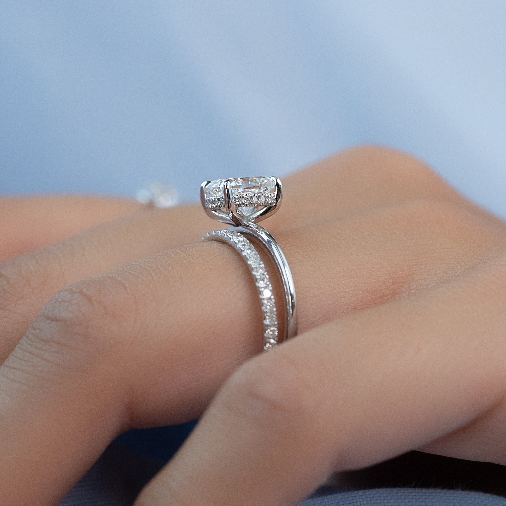 Elongated cushion cut CVD diamond engagement ring with hidden halo setting in white gold