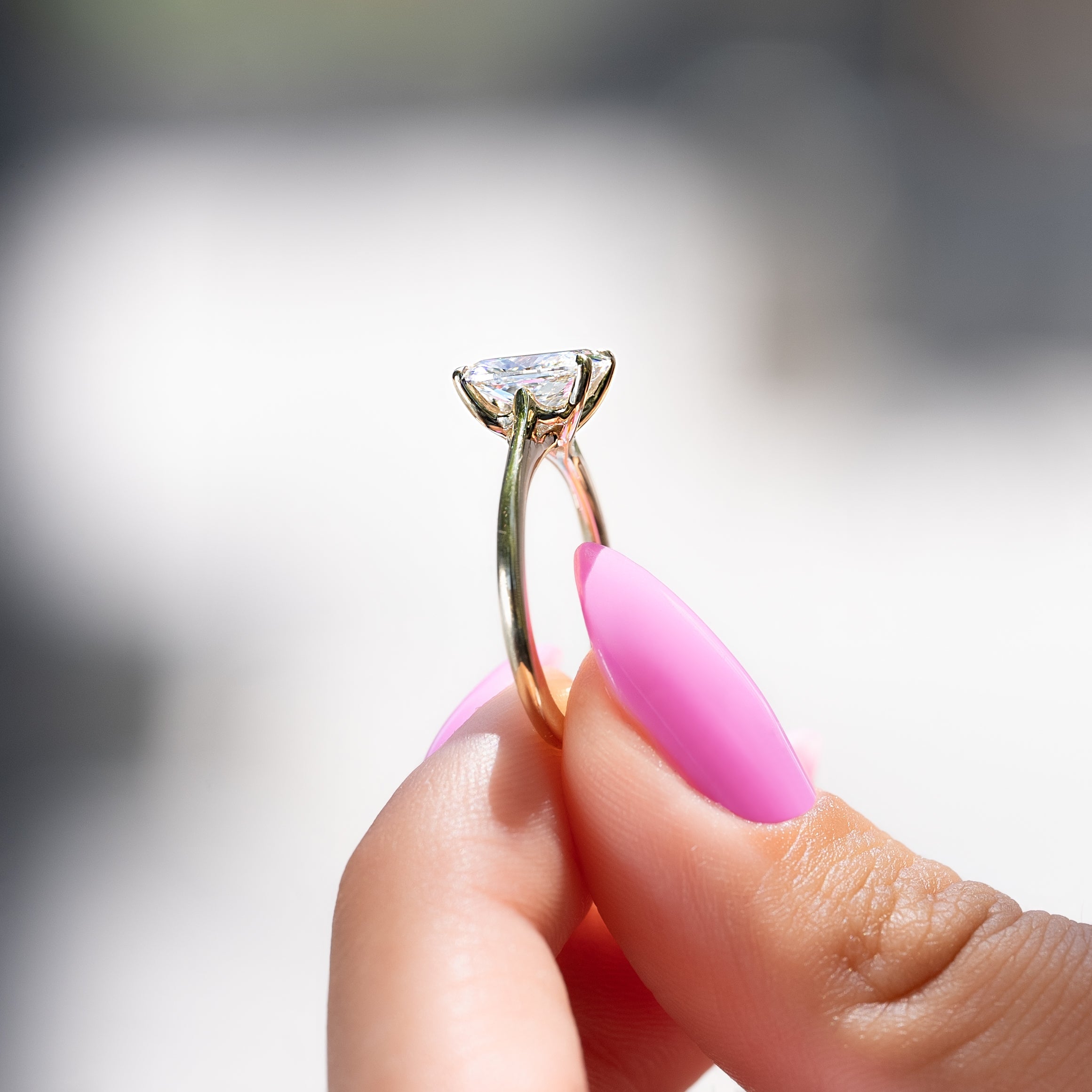 Elongated cushion cut moissanite solitaire engagement ring in white gold setting, 2.0-4.0 CT