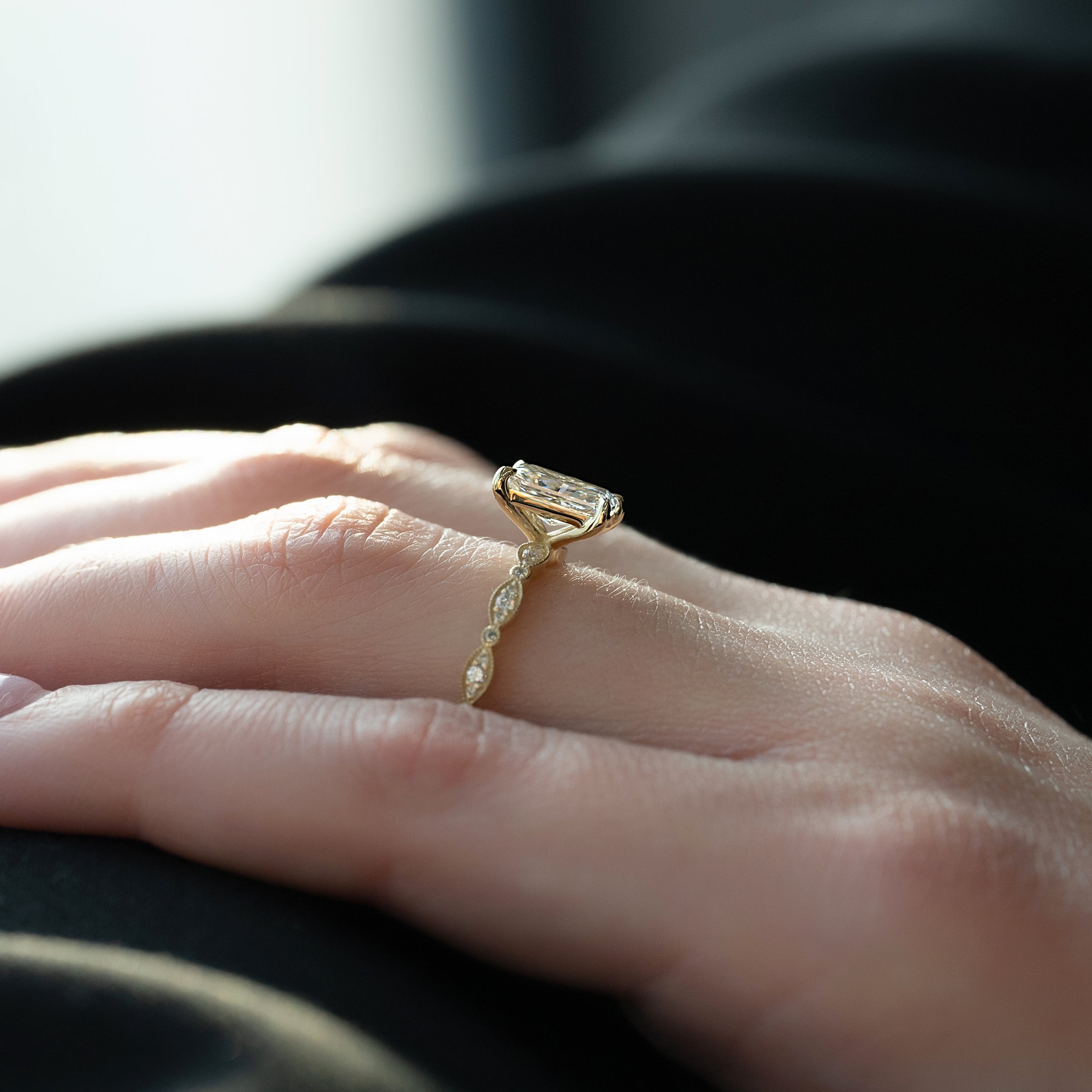 Radiant cut CVD diamond vintage style engagement ring with detailed band design