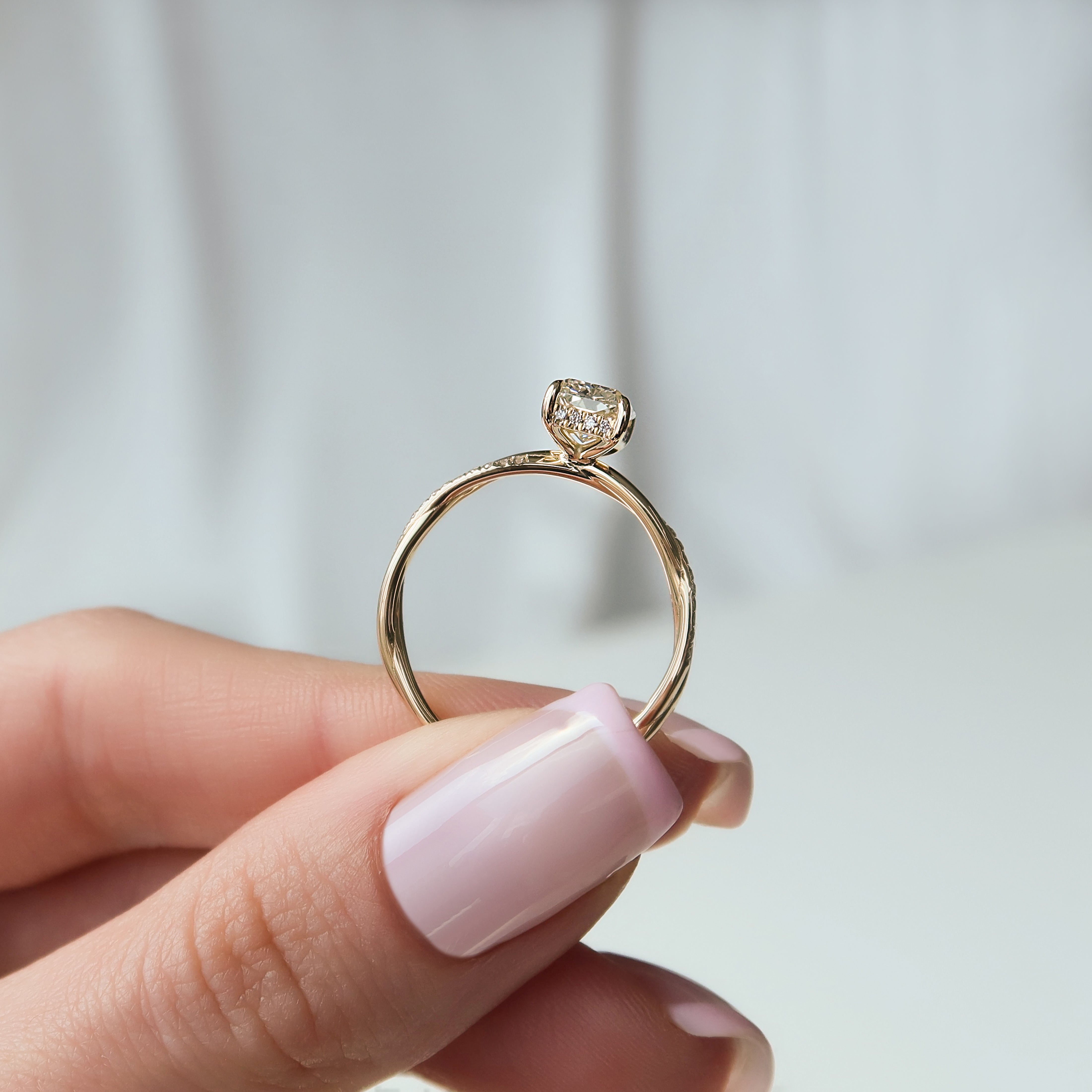 Radiant cut CVD diamond twisted pave engagement ring in white gold setting