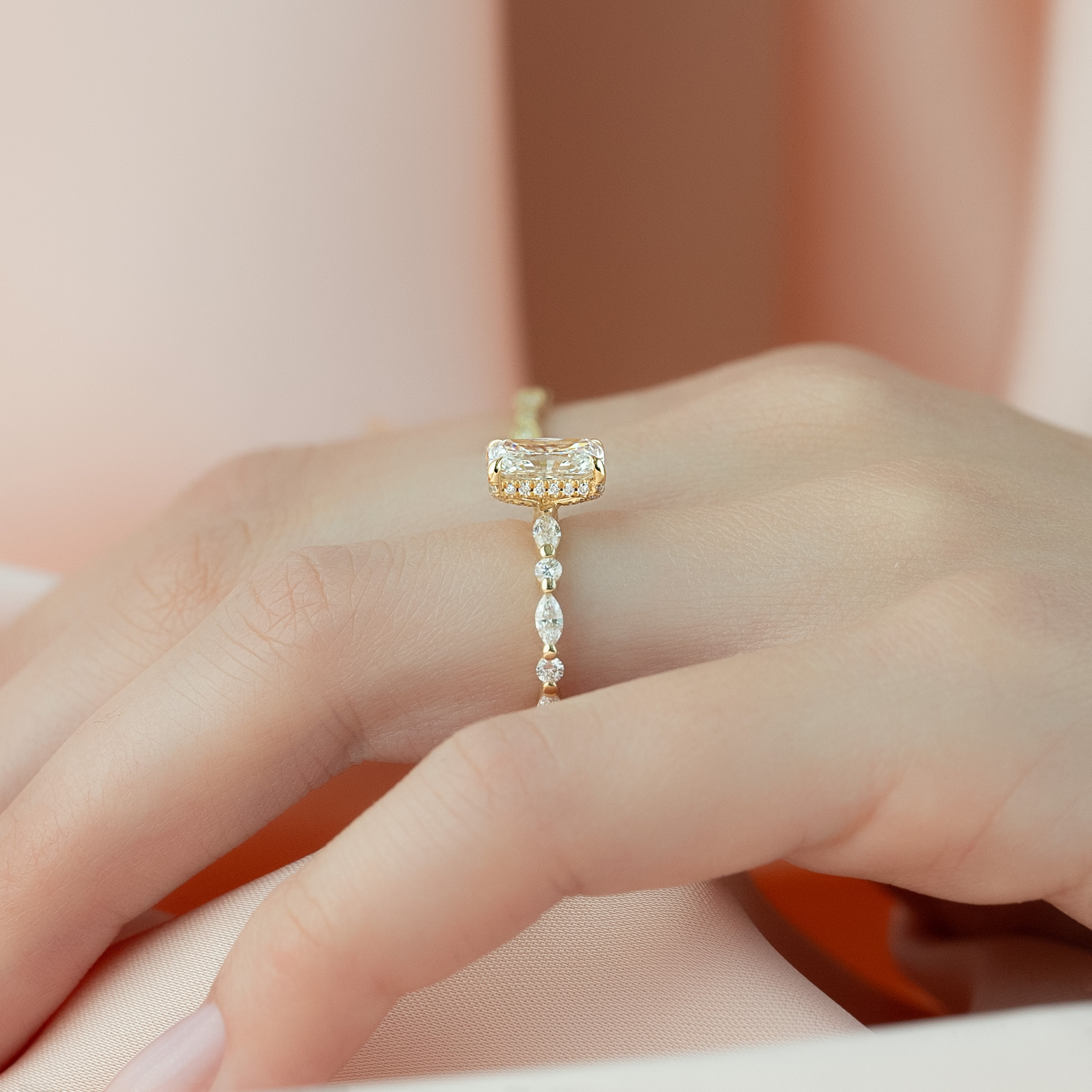 Radiant cut CVD diamond engagement ring with hidden halo and pave setting for a sparkling modern bridal style