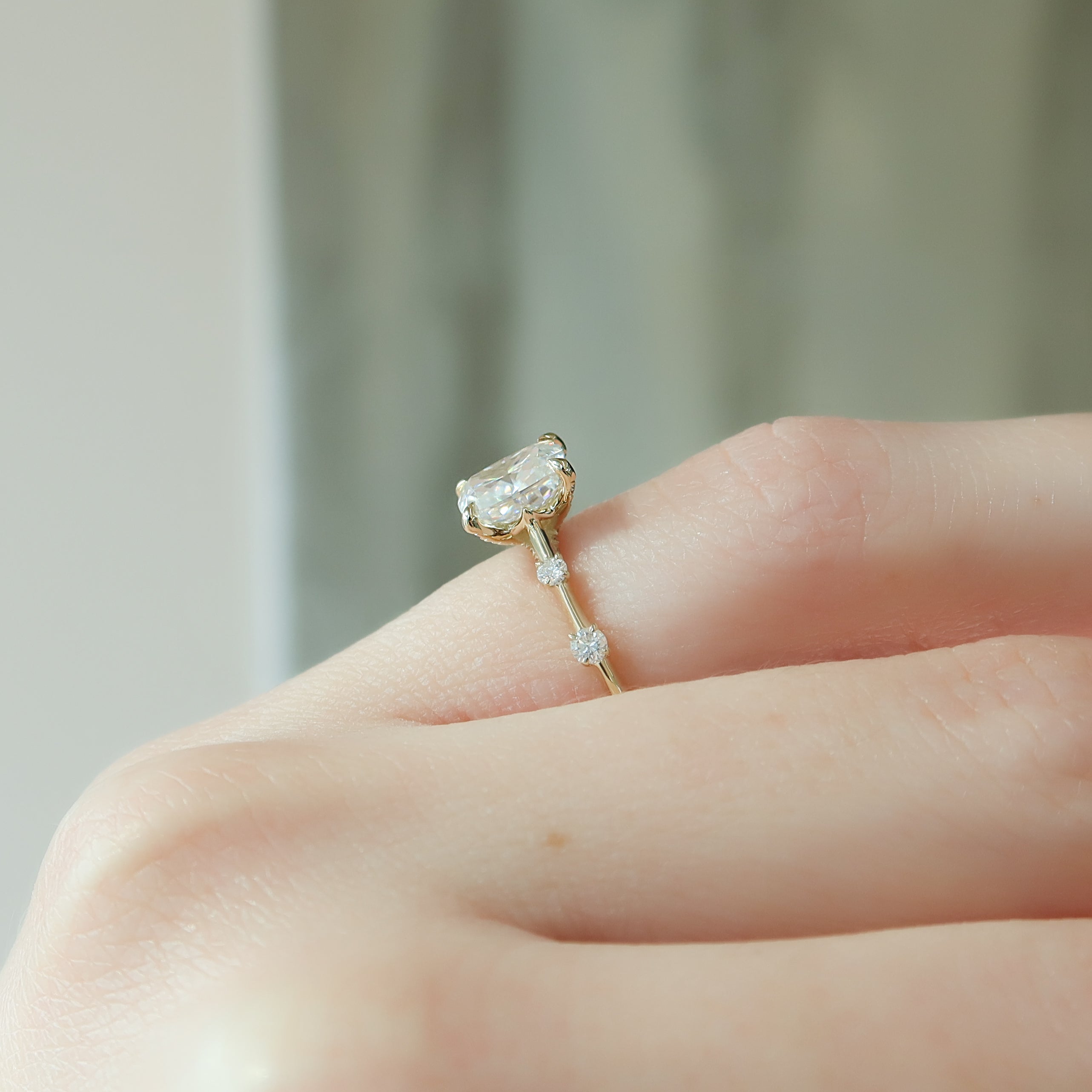 Elongated cushion cut CVD diamond dainty engagement ring in white gold setting