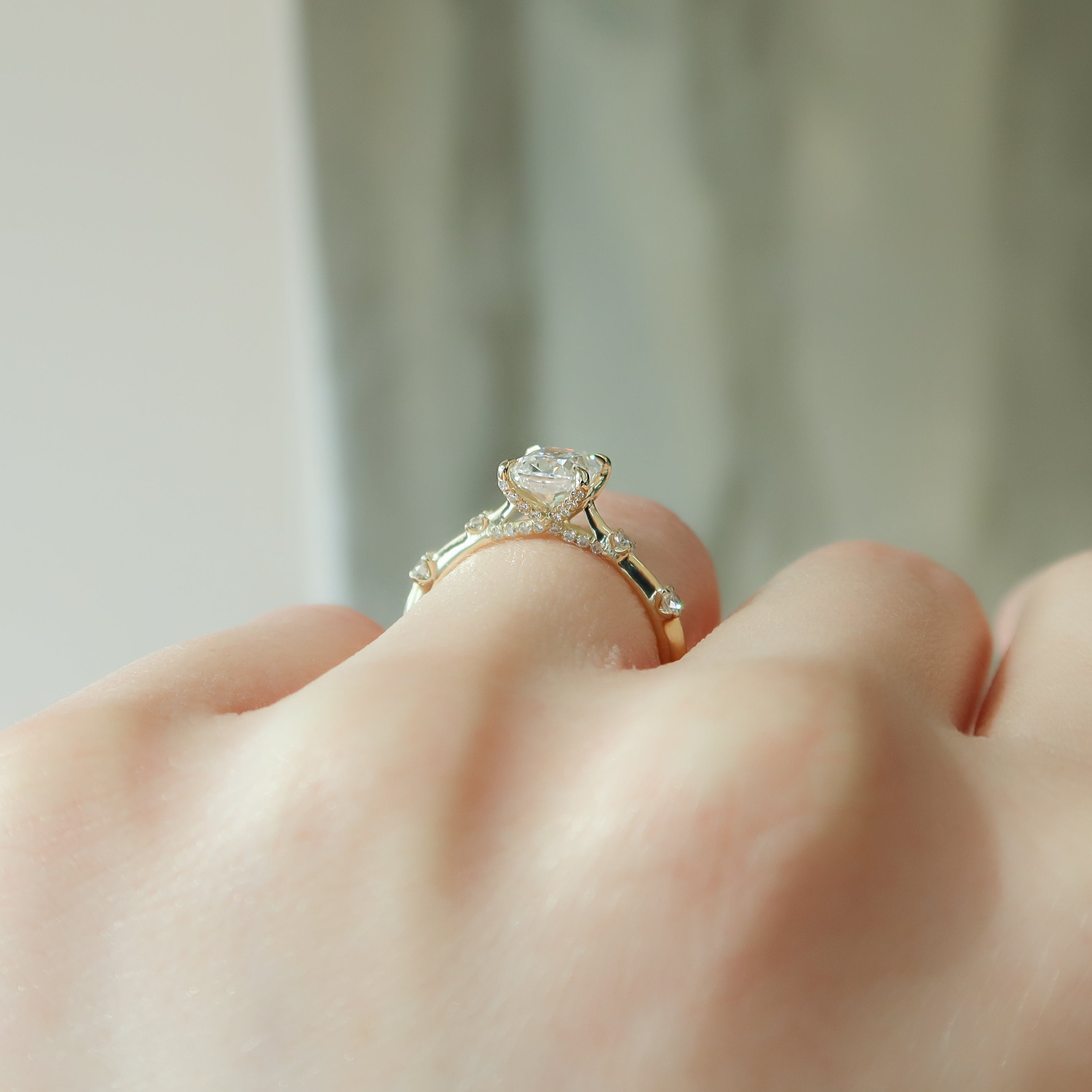 Elongated cushion cut CVD diamond dainty engagement ring in white gold setting