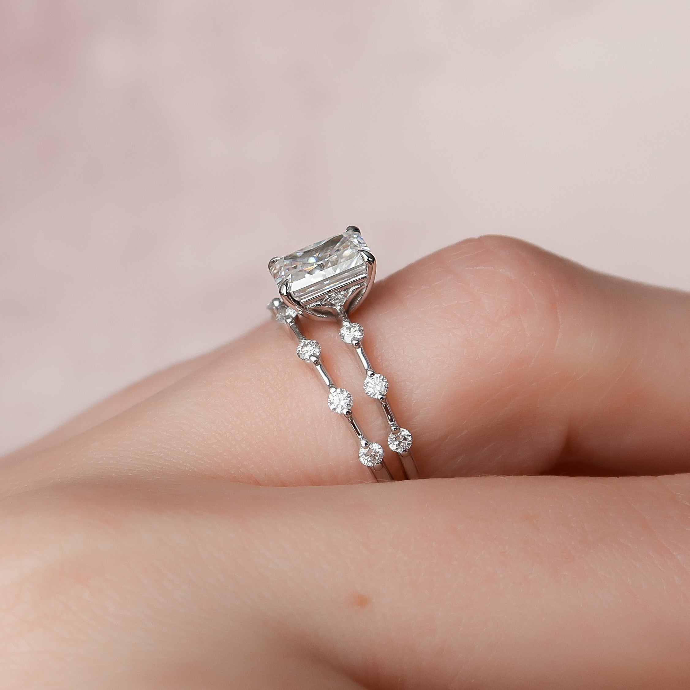 Radiant cut CVD diamond dainty engagement ring in slim white gold band setting