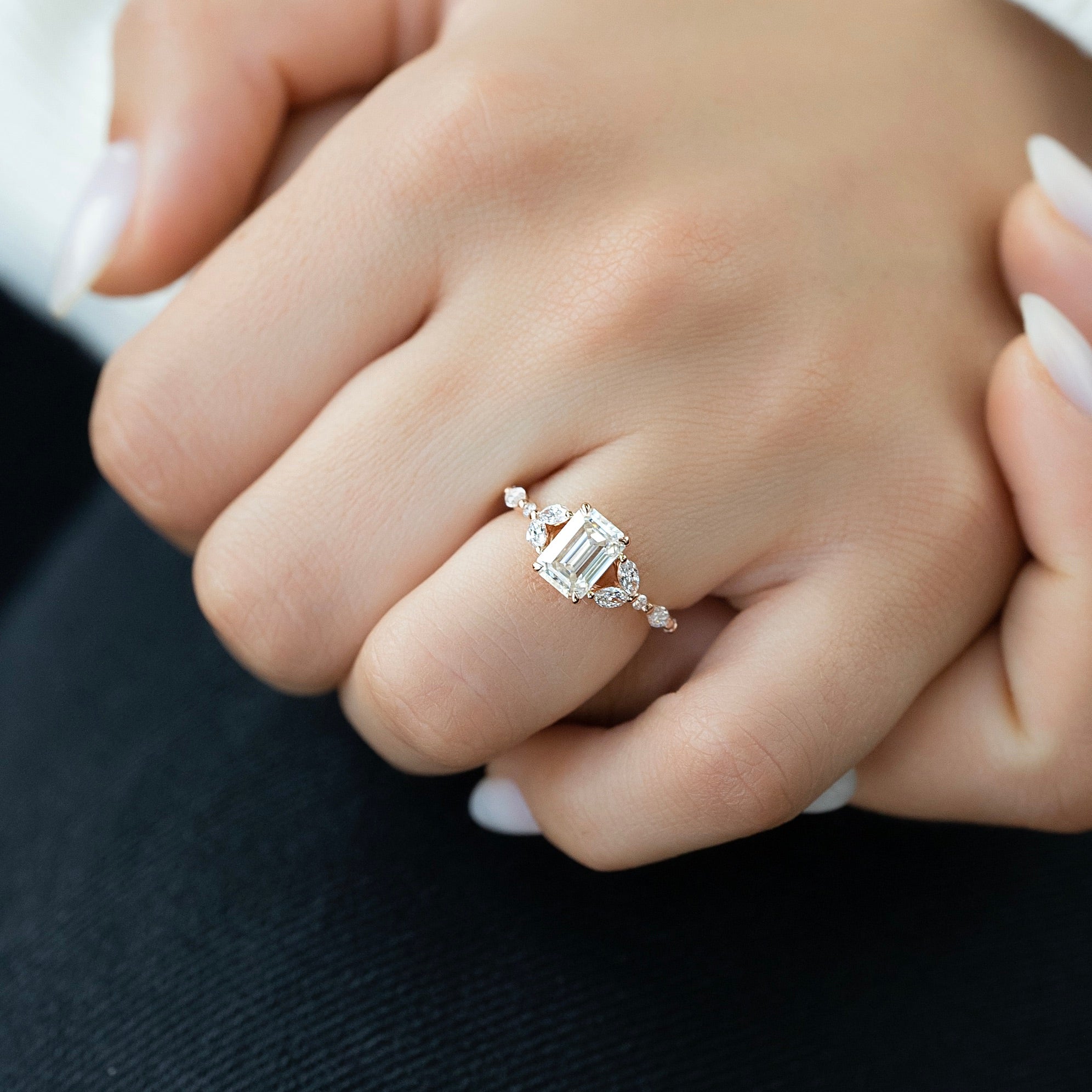 1.0- 3.0 CT Emerald Cut  Lab Grown Diamond Cluster Style  Engagement Ring