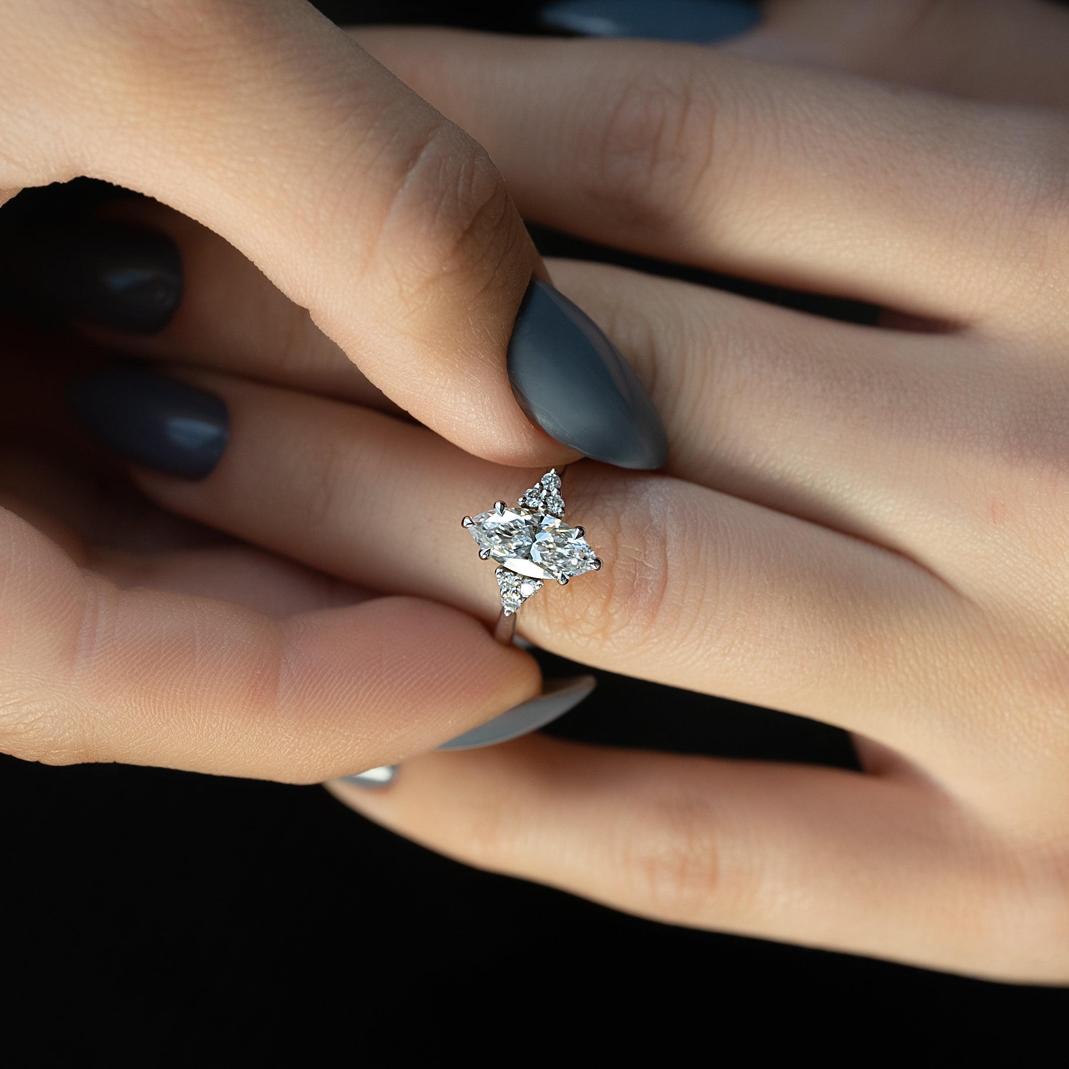 Marquise cut CVD diamond cluster engagement ring in white gold setting