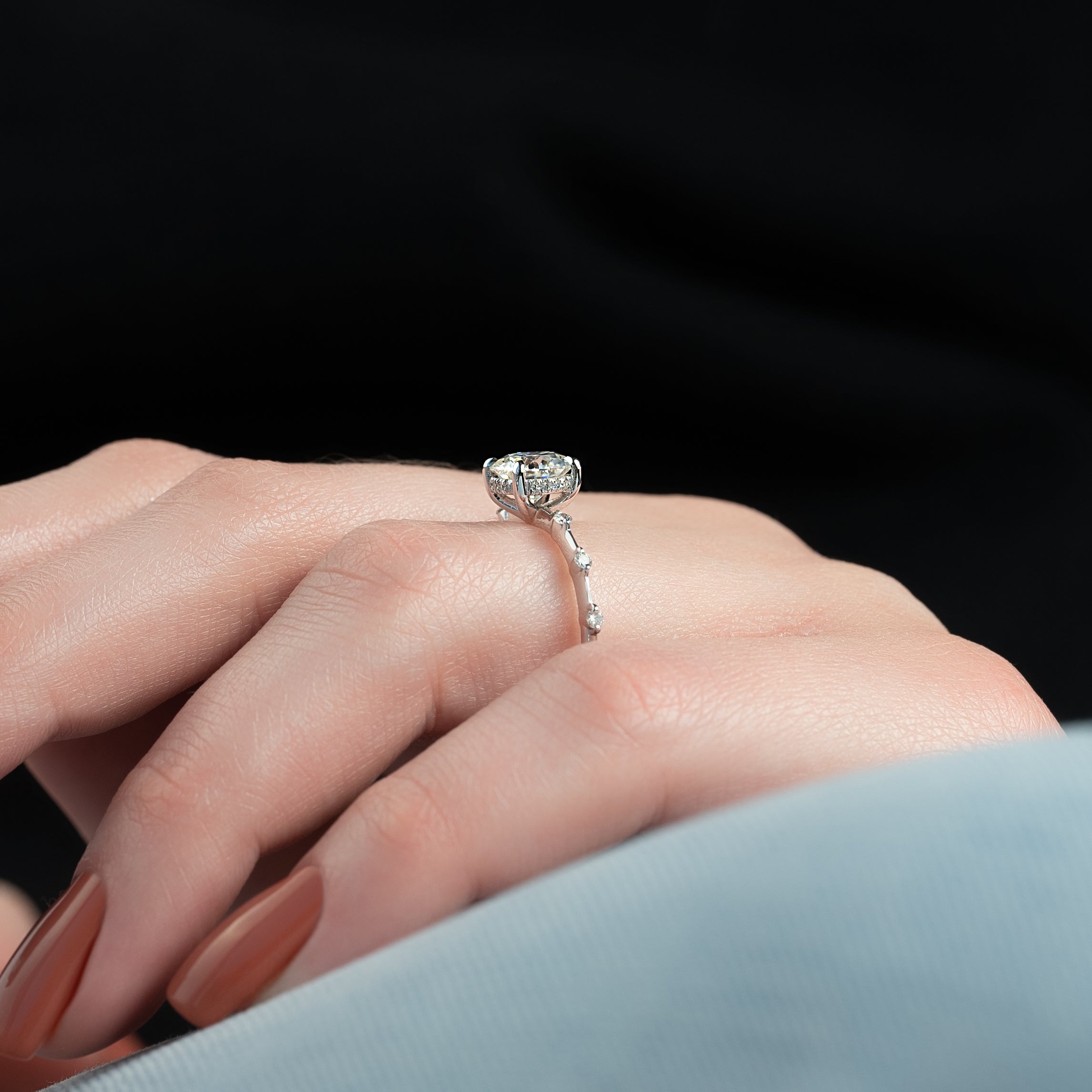 Round cut CVD diamond engagement ring with hidden halo and pave band in white gold