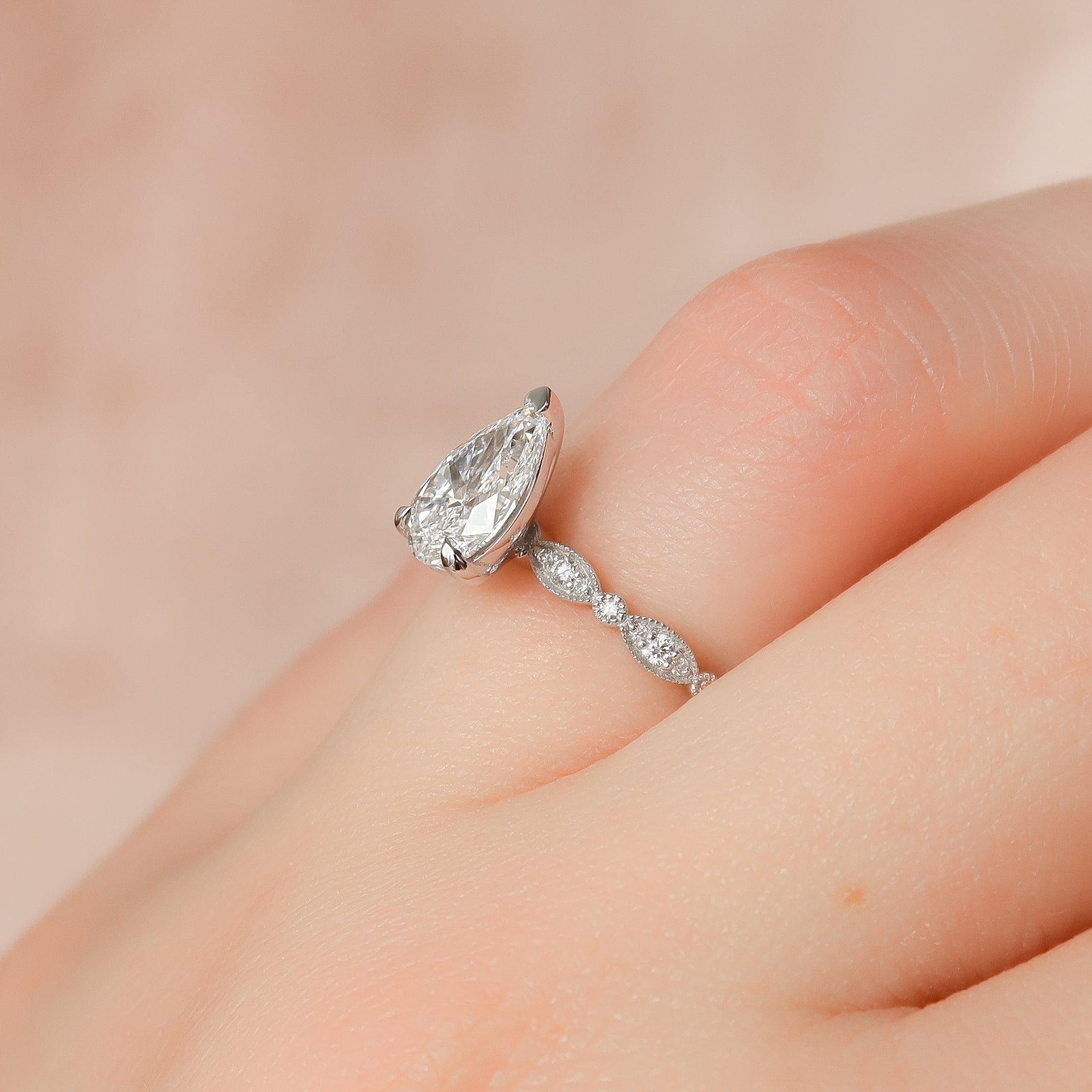 1.50 - 3.50 CT Pear Cut Lab Grown Diamond Milgrain Engagement Ring