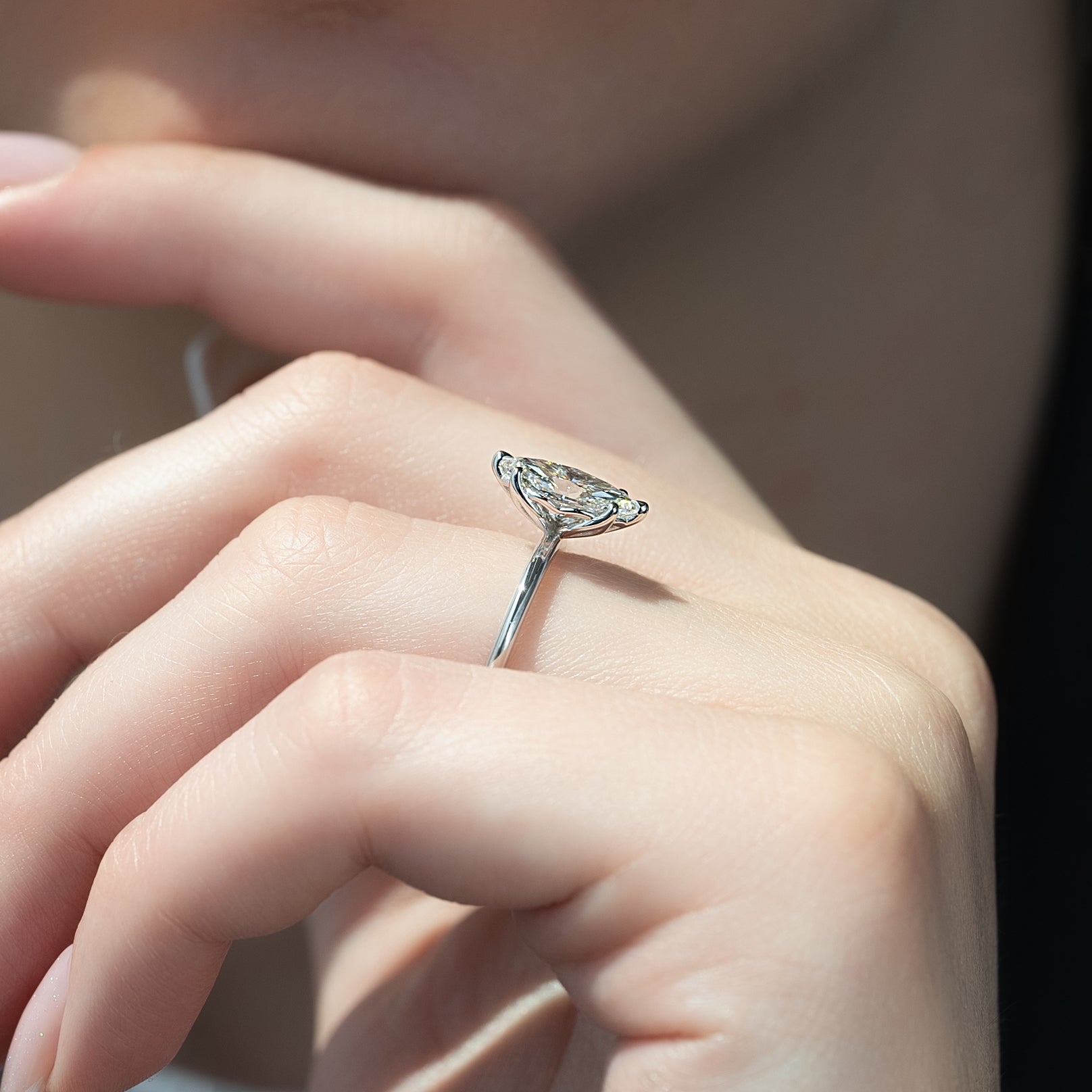 Marquise cut CVD diamond solitaire engagement ring in white gold setting